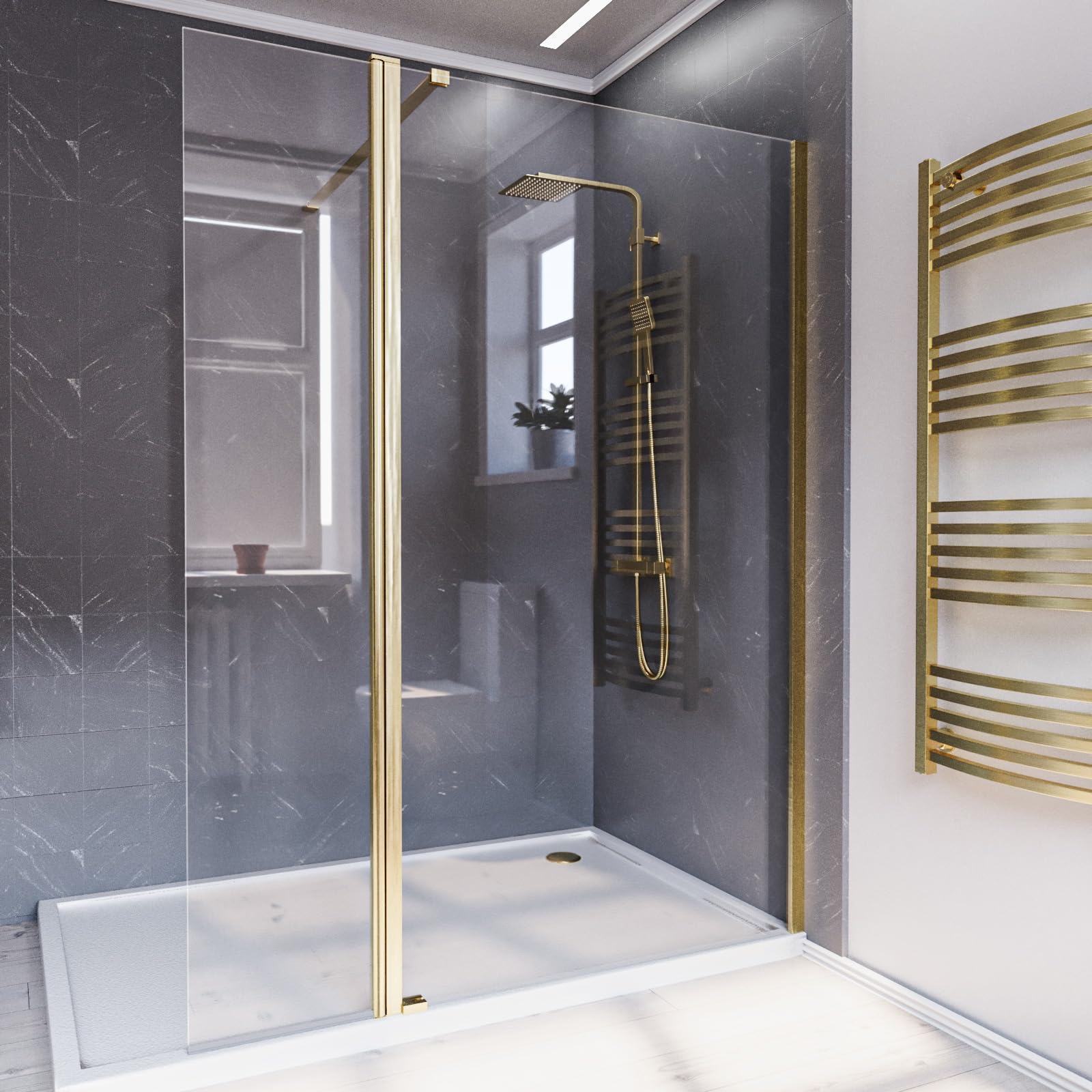Nes Home Brushed Brass 900mm Screen 8mm Tempered Glass With 300mm Flipper Panel