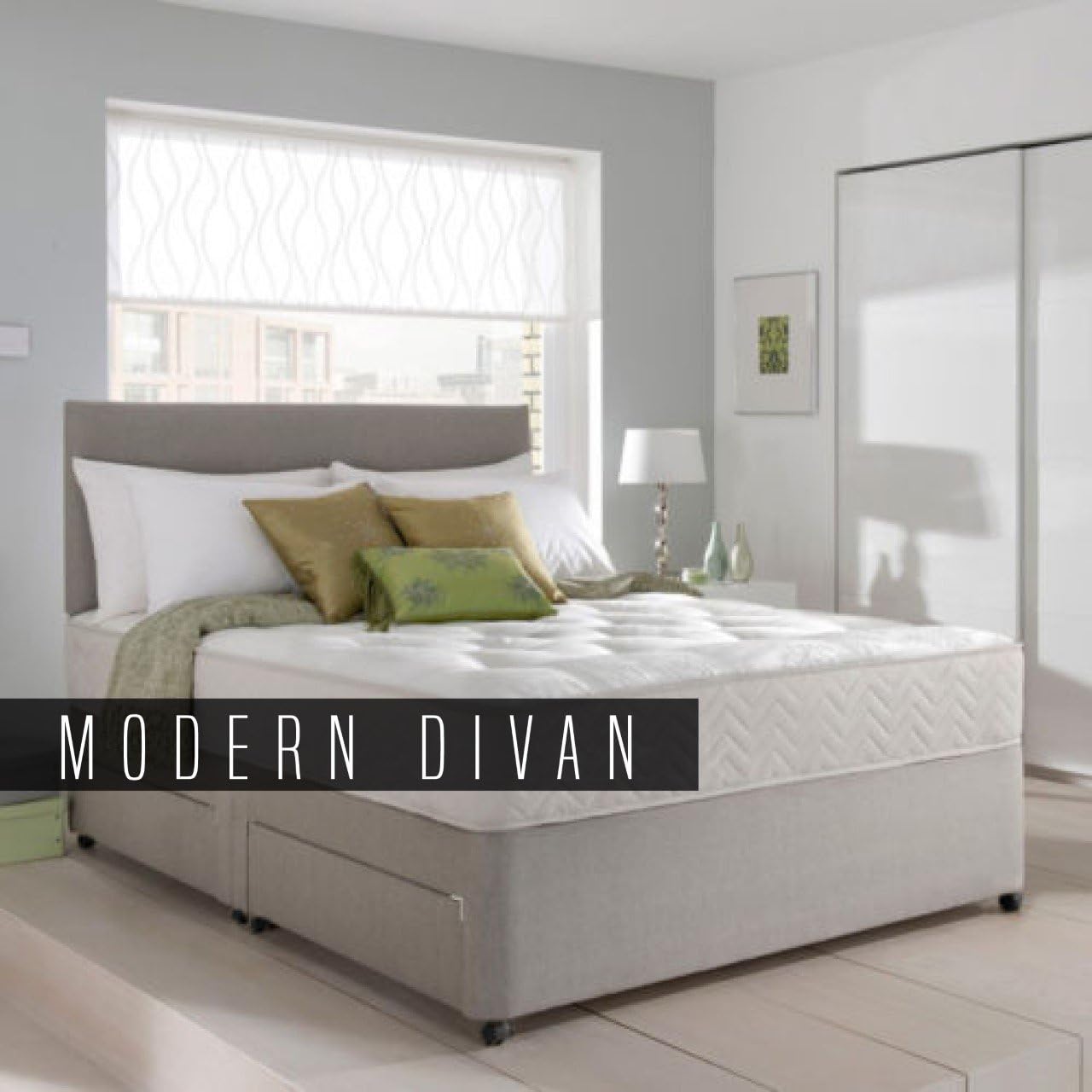 Light Grey Divan Bed with Orthopaedic Mattress, Headboard (5ft Kingsize) - 2 Drawers - Chenile Fabric