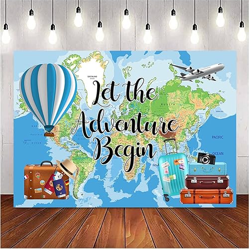 Miniatura 3 de Let The Adventure Begin - Fondo de fotografía de fondo de gira mundial, mapa, maleta de avión, decoraciones de fiesta de cumpleaños, globo