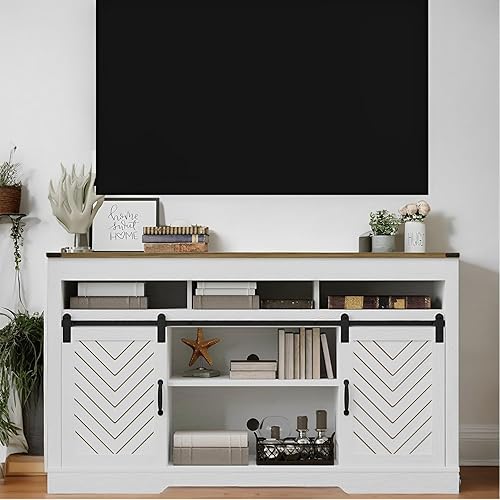 May in Color Soporte de TV para TV de más de 65 pulgadas, centro de entretenimiento con puertas corredizas de granero, estantes ajustables de 3