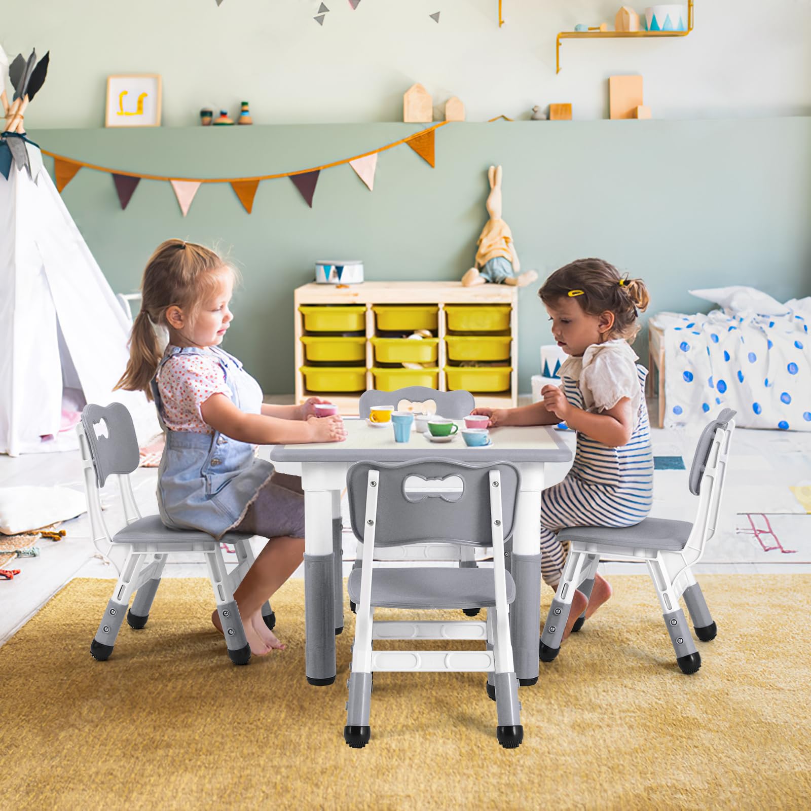 Clevich Kindertisch mit 4 Stühlen, Kinder Tisch Stuhl Set, 60x60x60CM, Plastik Kindermöbel, Höhenverstellbar Kindersitzgruppe für Kinderzimmer Schule Kindertagesstätte（Grau, Quadratischen Tisch）