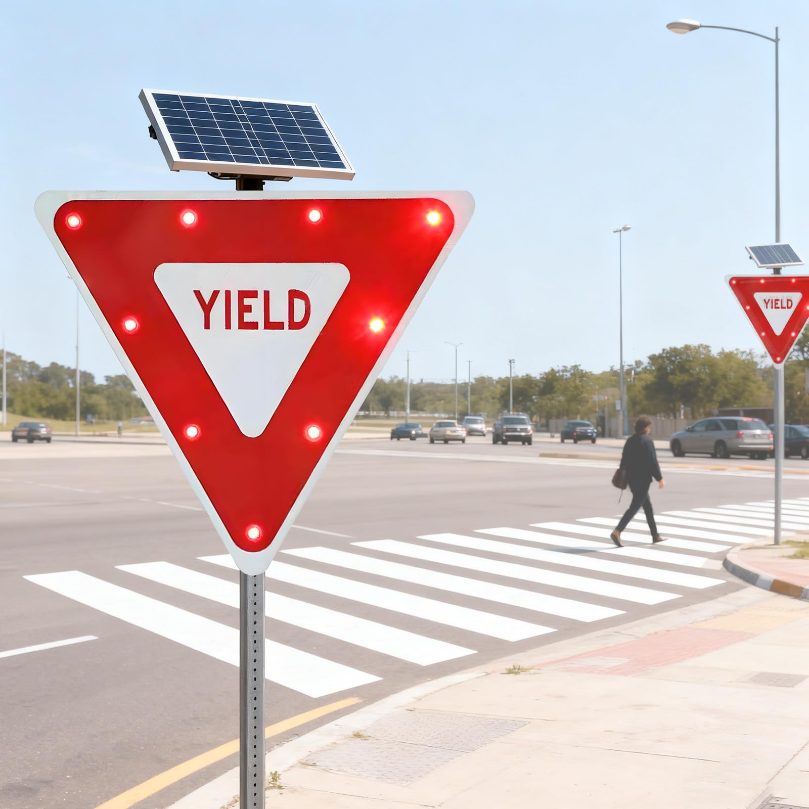 Señal de Ceda el Paso 76 cm - Señal de Tráfico Triángulo Invertido LED, Energía Solar, Superficie Roja Reflectante para Fábricas, Estacionamientos y Cruces Peatonales