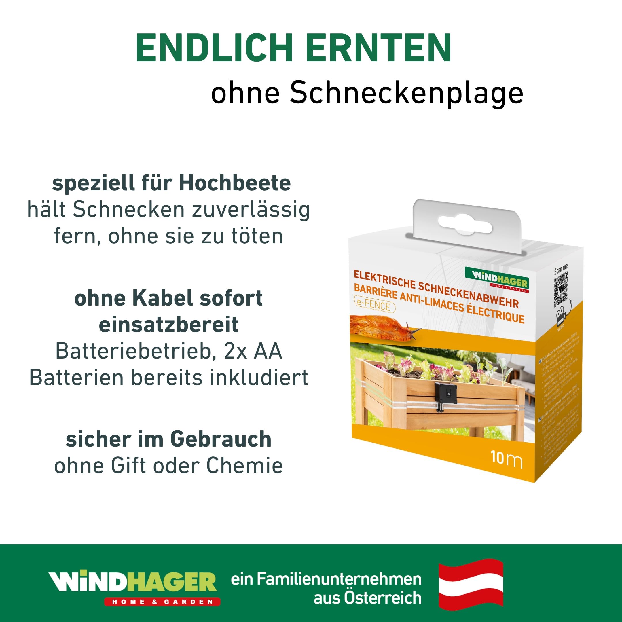 Windhager Elektrische Schneckenabwehr "e-Fence" - 10 m - Schneckenschutz für Hochbeete, Schneckenband elektrisch, Schneckenbarriere, Schneckenzaun - unbedenklich für Mensch und Tier - selbstklebend