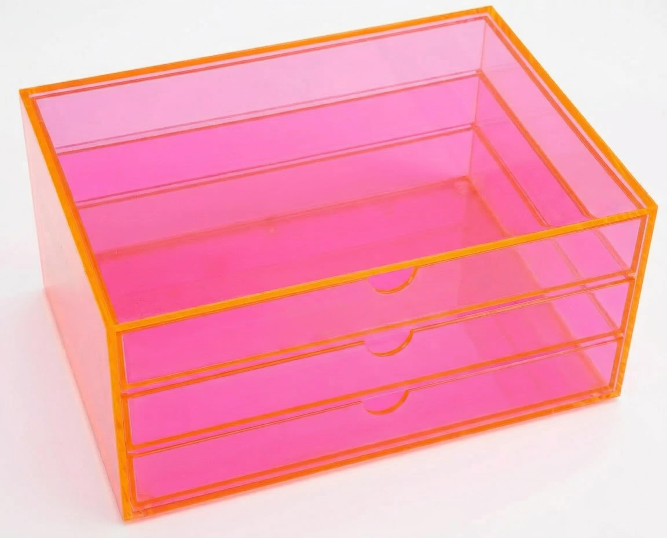 OSCO Transparent Acrylic 3-Drawer Storage Chest for Cosmetics, Jewellery & Stationery, Transparent Desktop Organiser with Non-Slip Feet, A5 Size, Neon