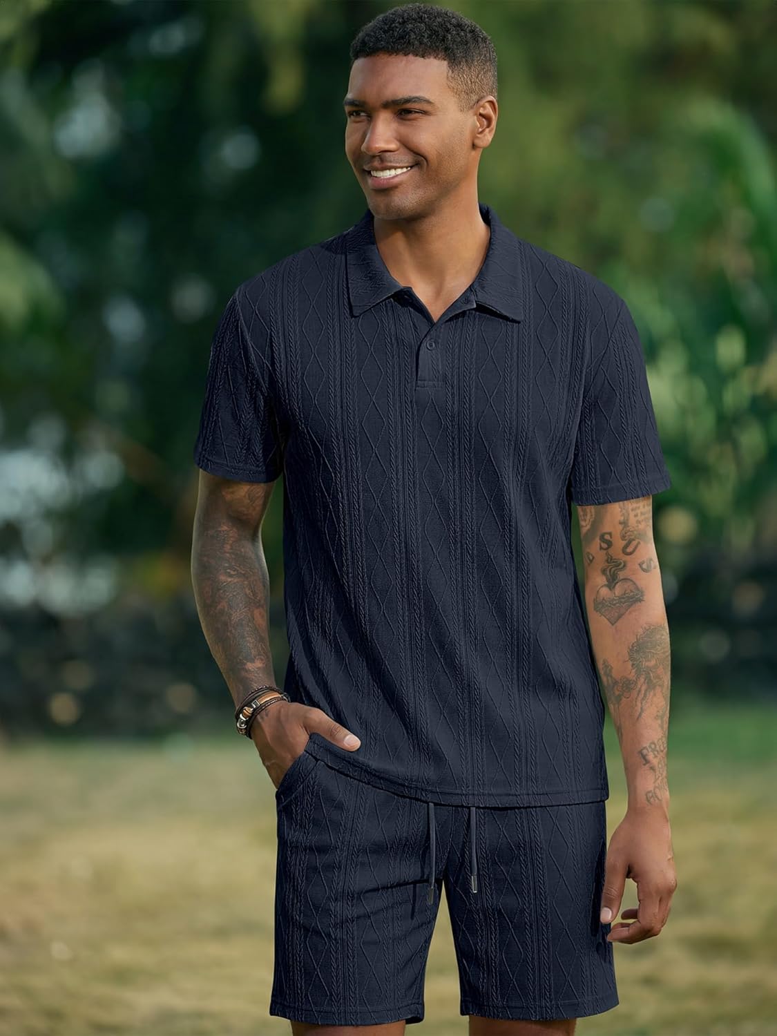 JMIERR Mens 2026 Casual 2 Piece Outfits Lounge Sets Jacquard Knit Short Sets Golf Short Sleeve Outfits for Beach Vacation - Image 4