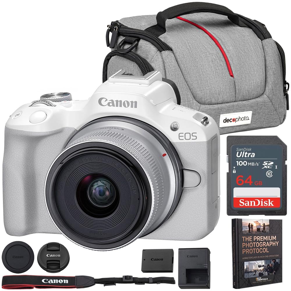 Canon EOS R50 Mirrorless Camera + RF-S 18-45mm F4.5-6.3 is STM Lens White 5812C012 Bundle with Sandisk 64GB Memory Card + Deco Essentials Camera Bag + Photography Pro Kit