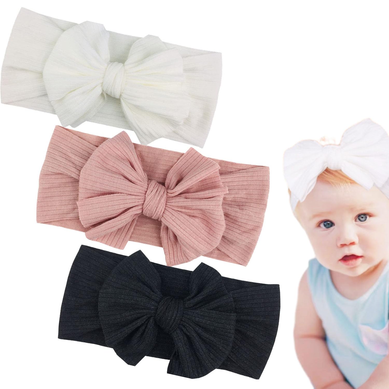 3-Pack Baby Headbands Baby Girls Bows Headband Newborn Bow Handmade Soft Headbands with Bows Hairbands for Infant Toddler Black White Pink