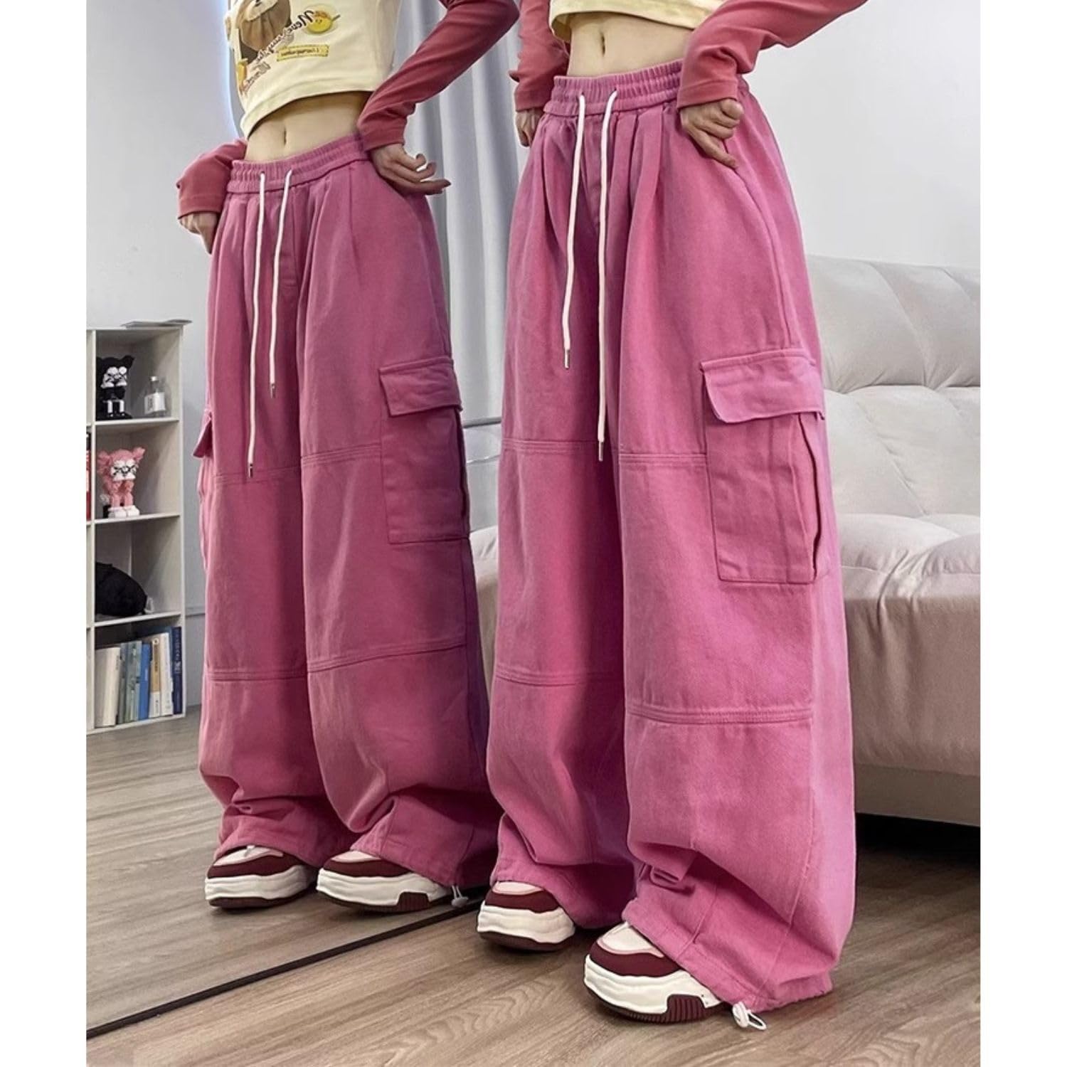 PEAINJ Baggy Cargo Pants for Women Men Y2k Wide Leg Sweatpants High Waisted Drawstring Pants Hip Hop Clothes: Style3 Large