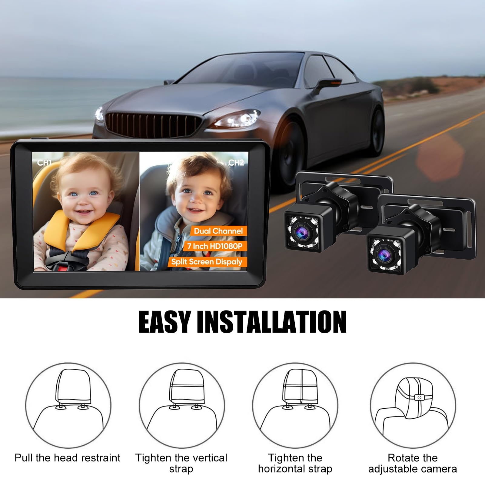 PolyGen Monitor per Auto per Bambini con Fotocamera, Doppia Fotocamera 1080P e Schermo IPS da 7 Pollici con Visione Notturna IR Aggiornata, Telecamera per Seggiolino Auto per