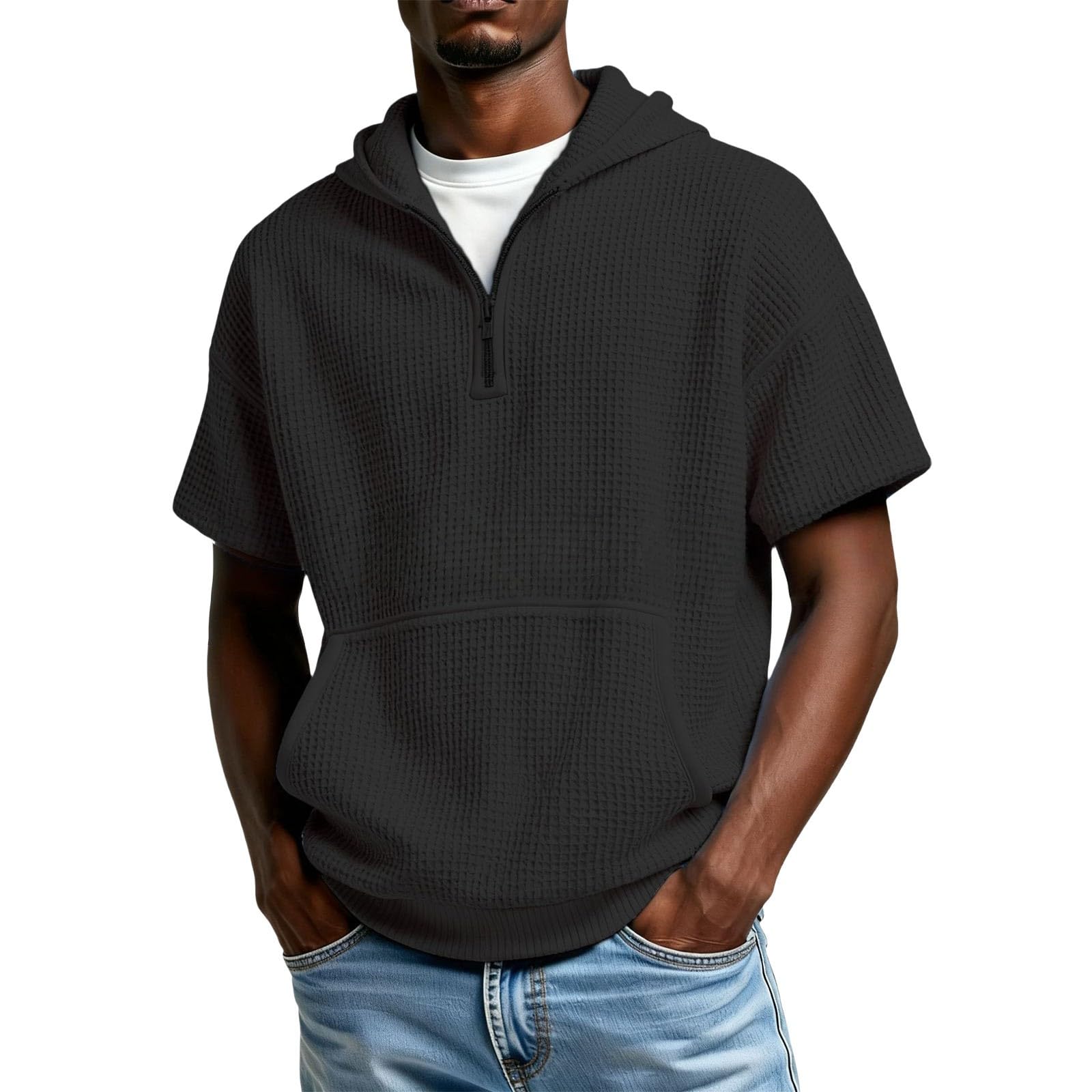 Camisa Sin Mangas Hombre Sudadera con Capucha para Hombre, De Punto Cremallera Un Y Manga Larga Bolsillo (Black, XL) Camiseta Ropa Verano Moda Gym Proteccion UV Impermeable Chaqueta
