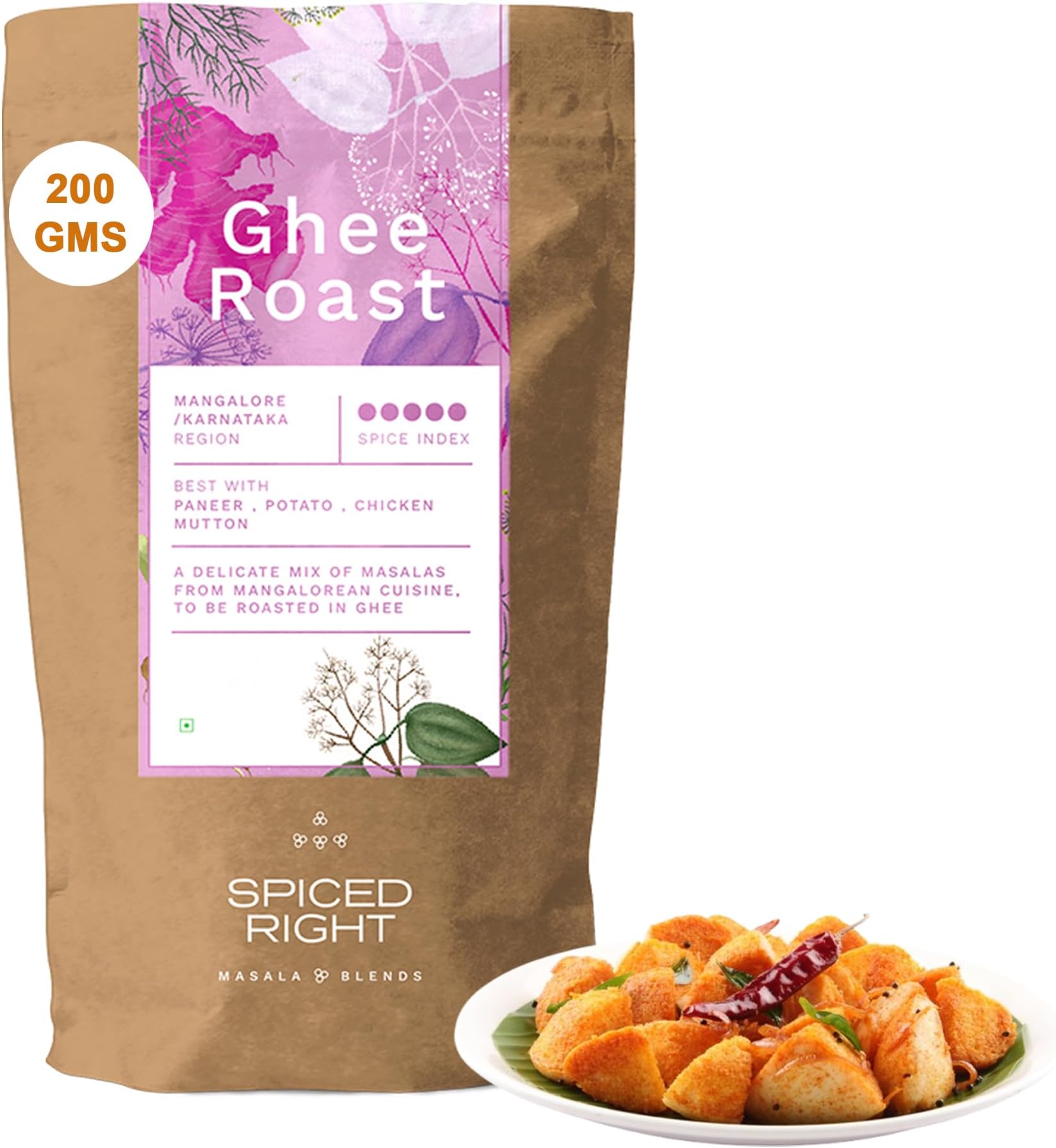 Spiced Right Mangalore Ghee Roast Masala 200gm - Authentic Mangalorean Curry Spice Masala Blend with Garlic for Chicken, Prawn, Mutton, and Veg Dishes - No Artificial Colouring or Flavouring.
