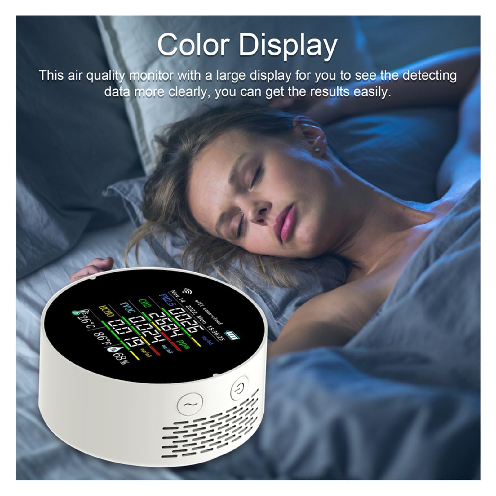Misuratore di qualità 'aria 7in1 PM2.5 CO2 TVOC HCHO Tester umidità a temperatura Controllo APP con funzione allarme calendario,Alta Precisione