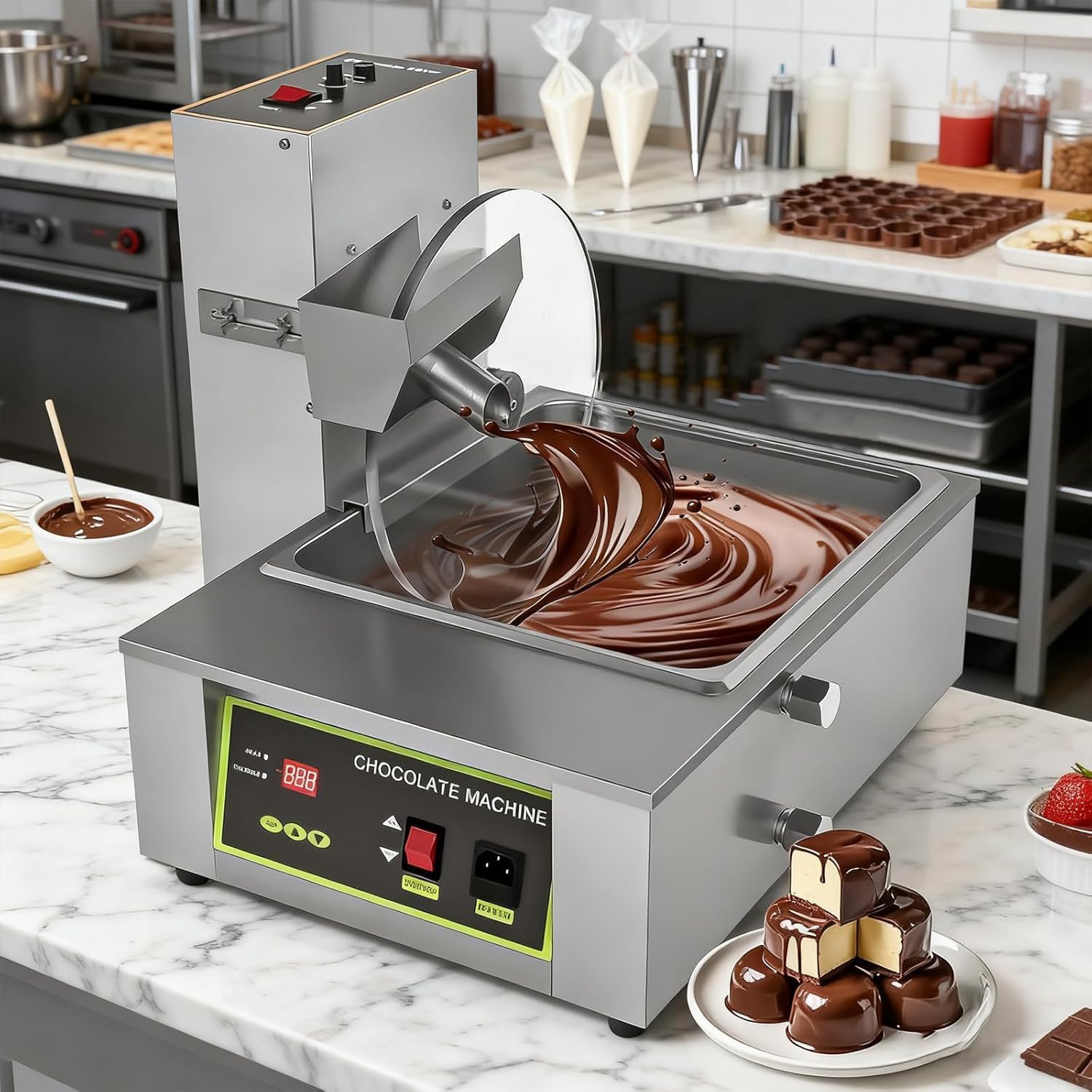 Heated Chocolate Depositing Maker, Commercial Stainless Steel Chocolate Melting Tempering Machine Tank with Mixing Wheel Adjustable Speed Auto Dispenser Temperature Range:0-95°C B