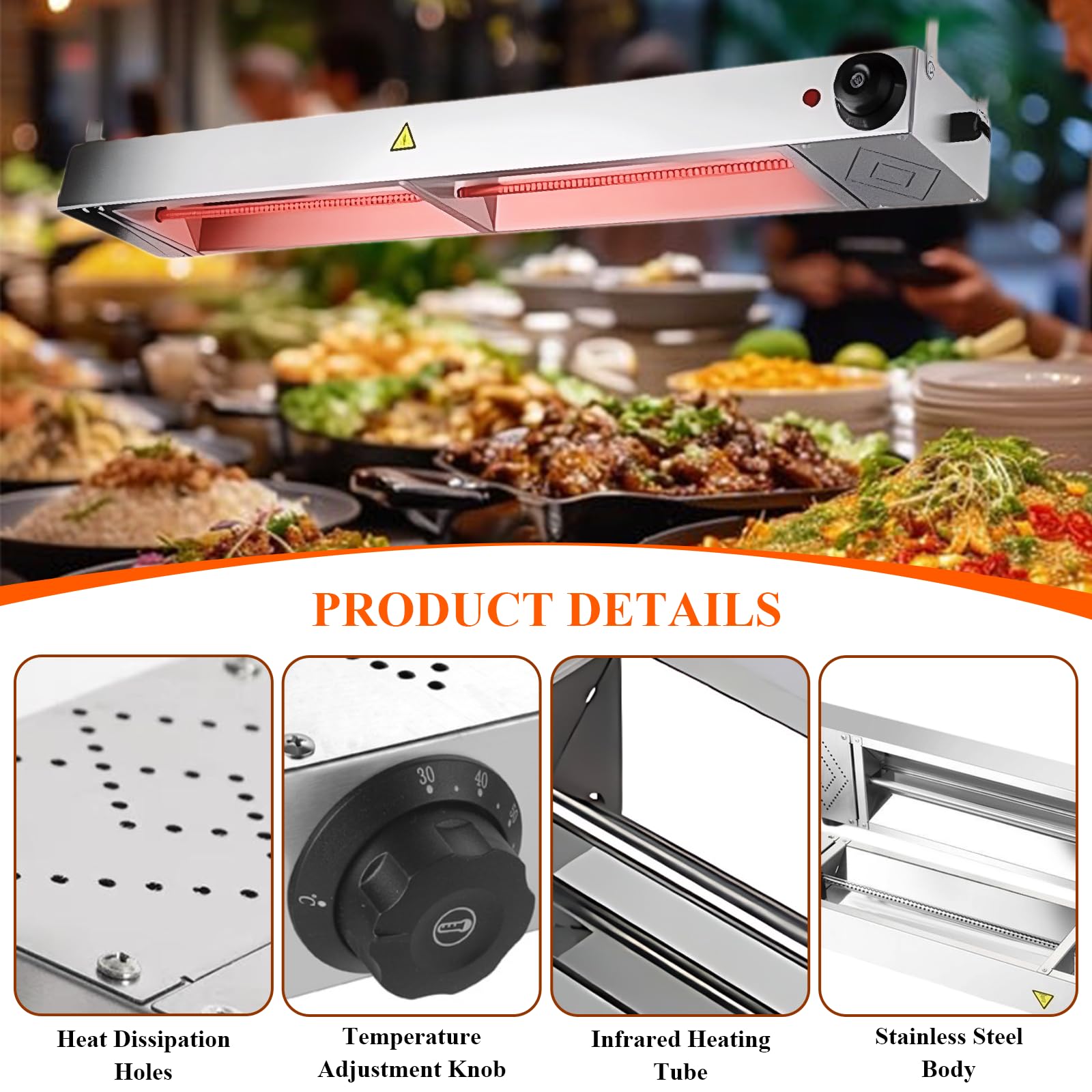 Lampada Riscaldante per Alimenti, Lampada Riscaldante Cucina con 30-80℃ Temperatura Regolabile, Lampada Scaldavivande Ristorante per Ristoranti, Hotel a Buffet (1 Pezzo,150cm)