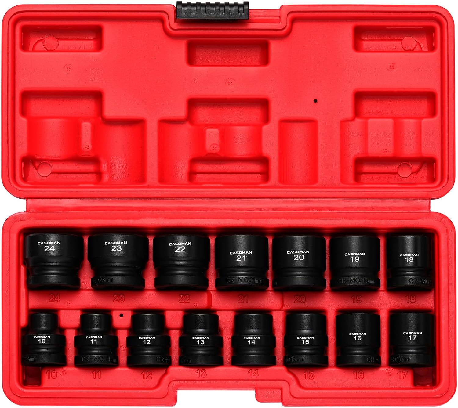 CASOMAN 15PCS 1/2" Drive Stubby Impact Socket Set, Low Profile, 8-24mm, Metric, CR-MO, 6-Point, 15 Pieces Shallow Socket Set for Automotive Maintenance, Repairs and DIY, for Tight Areas