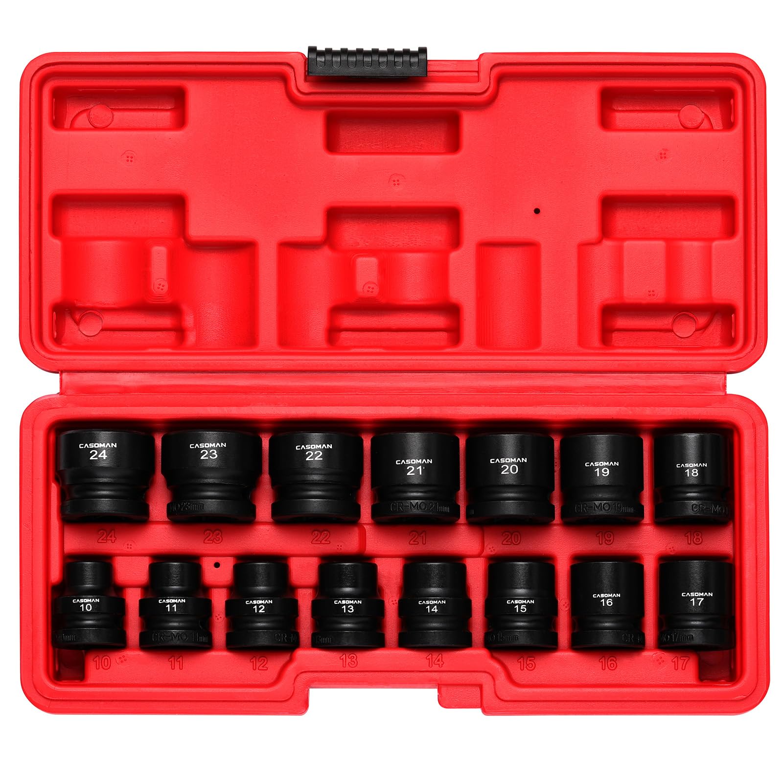 CASOMAN Set di 15 bussole a impatto tozze da 1/2", a basso profilo, 10-24 mm, metriche, CR-MO, 6 punti, 15 pezzi, set di chiavi a bussola poco profonde per manutenzione automobilistica, riparazioni e