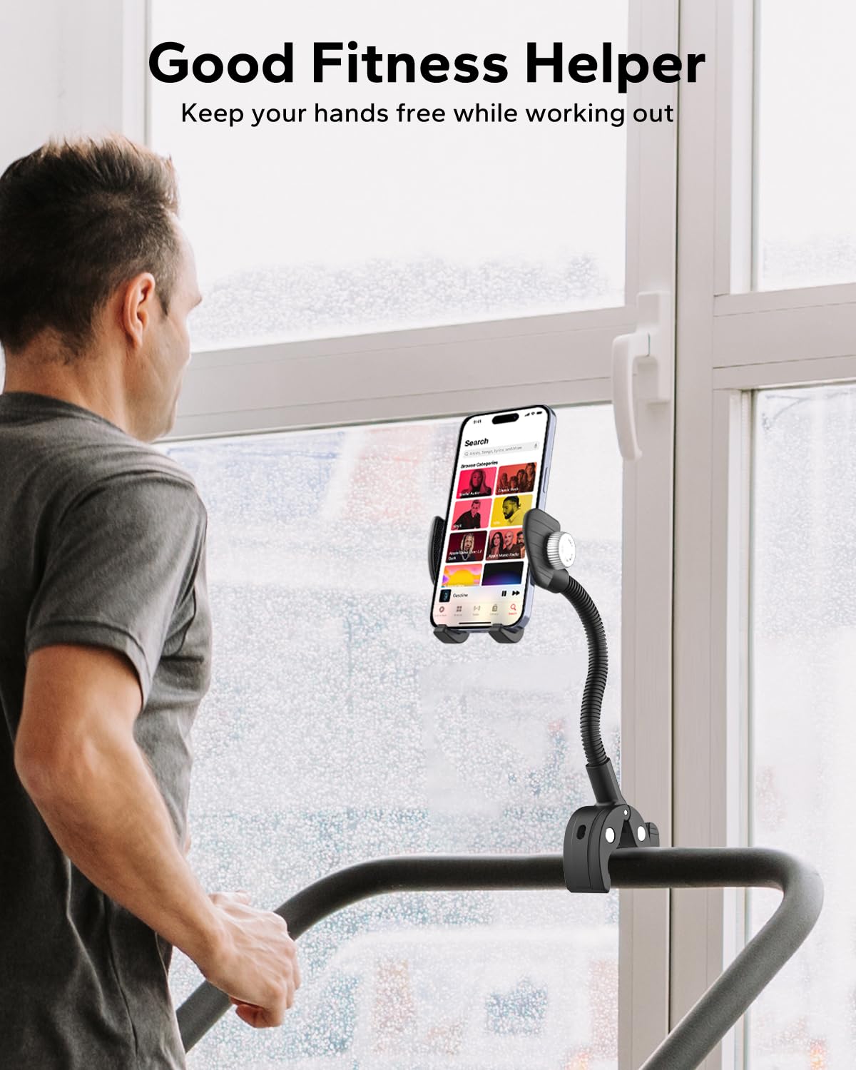 Support de téléphone pour poussette de fauteuil roulant, support de téléphone en col de cygne pour vélo, support de téléphone pour tapis de course, vélo d'appartement, compatible avec iPhone 16 Pro