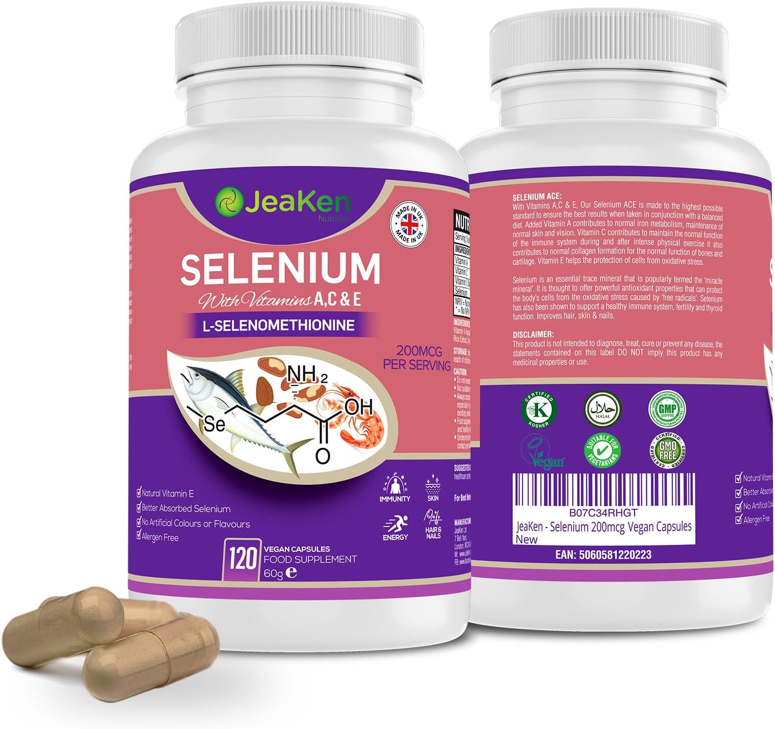 JeaKen - Selenium 200mcg Capsules - Premium Selenium with Vitamins A C E - Promotes Healthy Skin Hair and Nails - Protects The Liver - Immunity and Vitality Booster - 120 Allergen Free Vegan Capsules