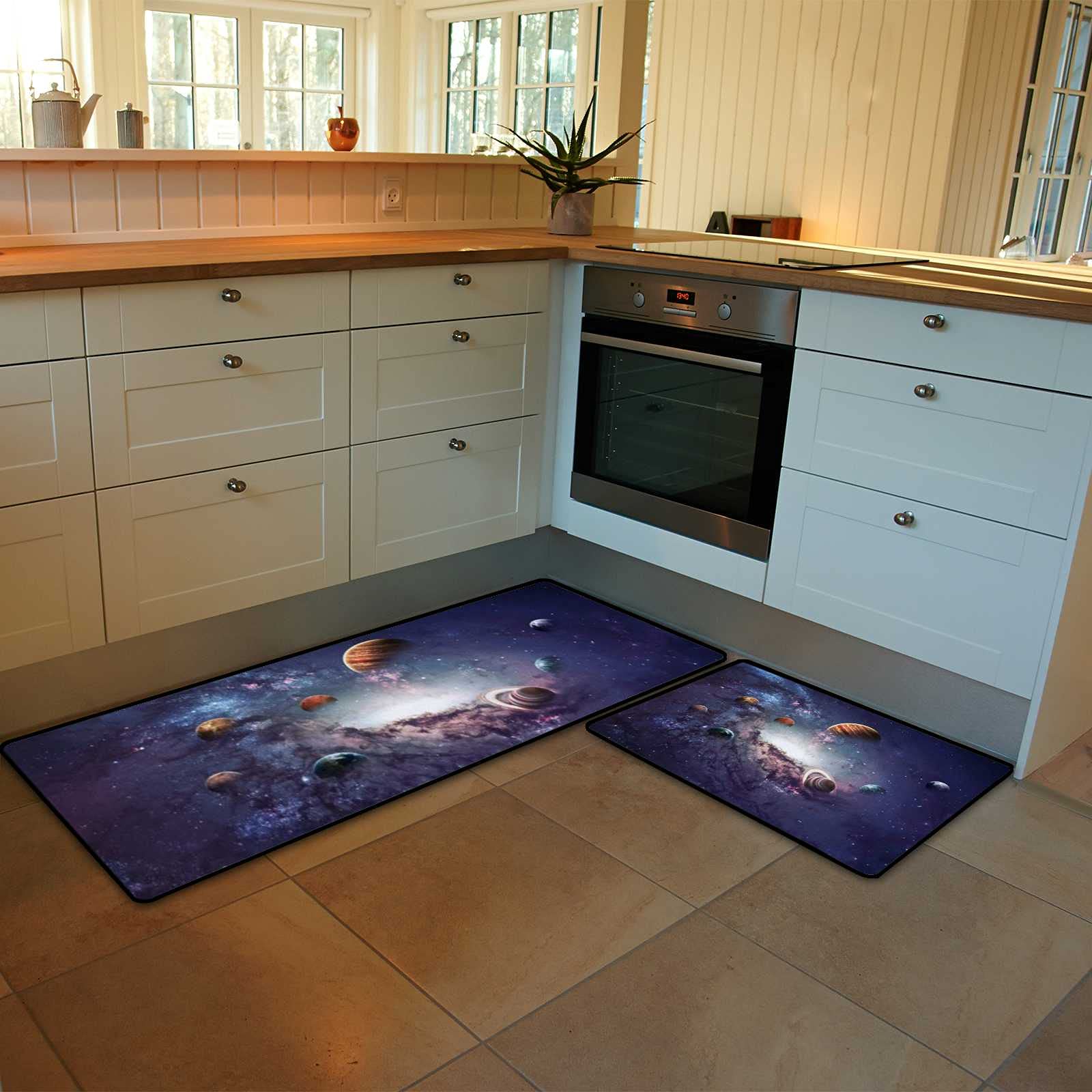 Kuizee Kitchen Mat Set of 2 Pieces Anti Fatigue Rugs Solar System Galaxy Planets Blue Purple Soft Water Absorbent Non-Slip Standing Mats Kitchen Decor Floor,17.7