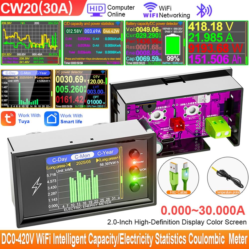 Probador de Baterías de Litio Digital Inteligente Tuya CW20 420V WiFi: Detección de Capacidad, Voltaje CC, Corriente, Potencia y Medidor de Culombios (300 A).