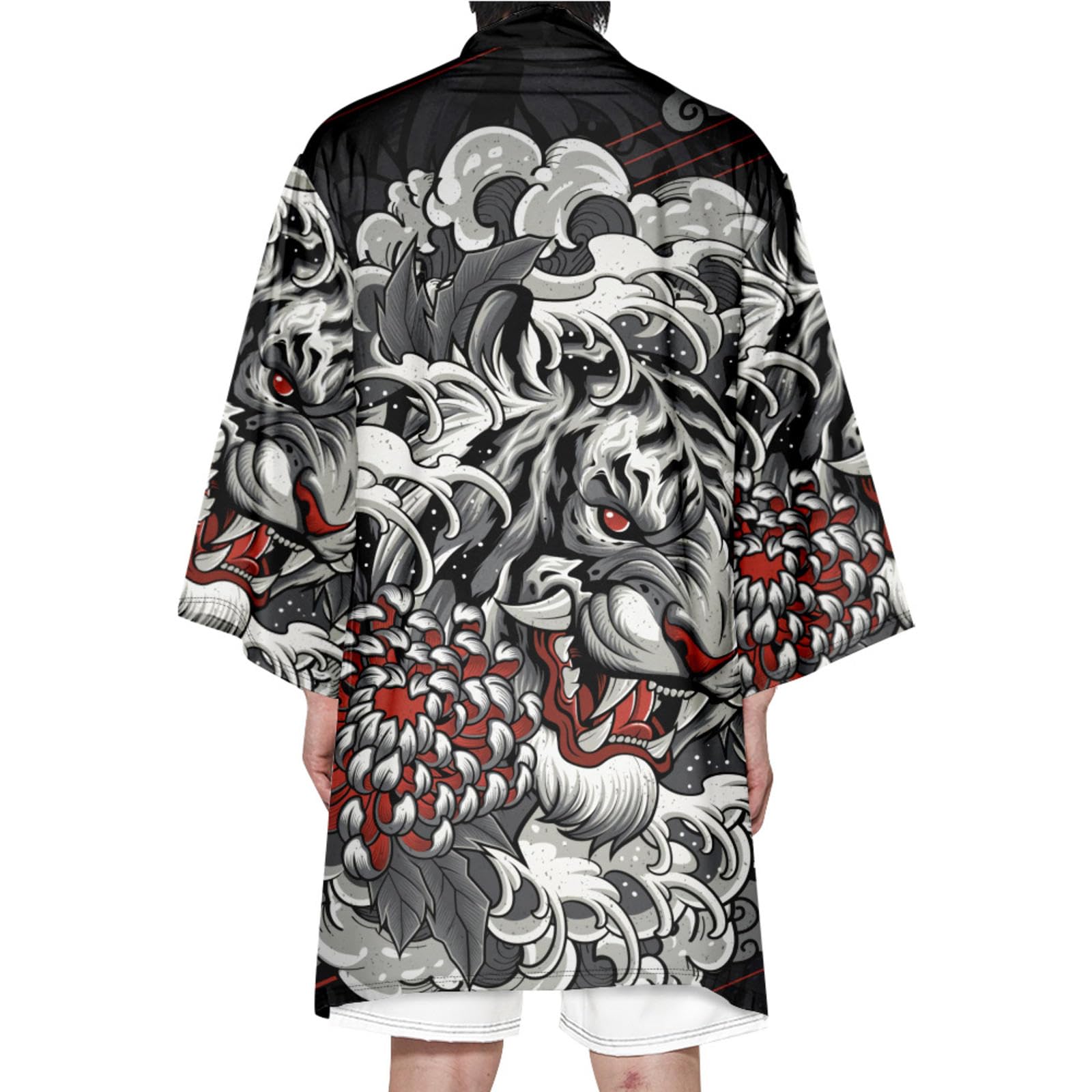 DAYKET Men's Japanese Robe Lightweight Kimono Dressing Gowns Printed Bathrobes Casual Open Front Cardigan Coat Outwear,Black-XS