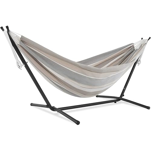 Vivere Double Sunbrella Hammock with Space Saving Steel Stand, 450 lb Capacity - Premium Carry Bag Included (Dove)