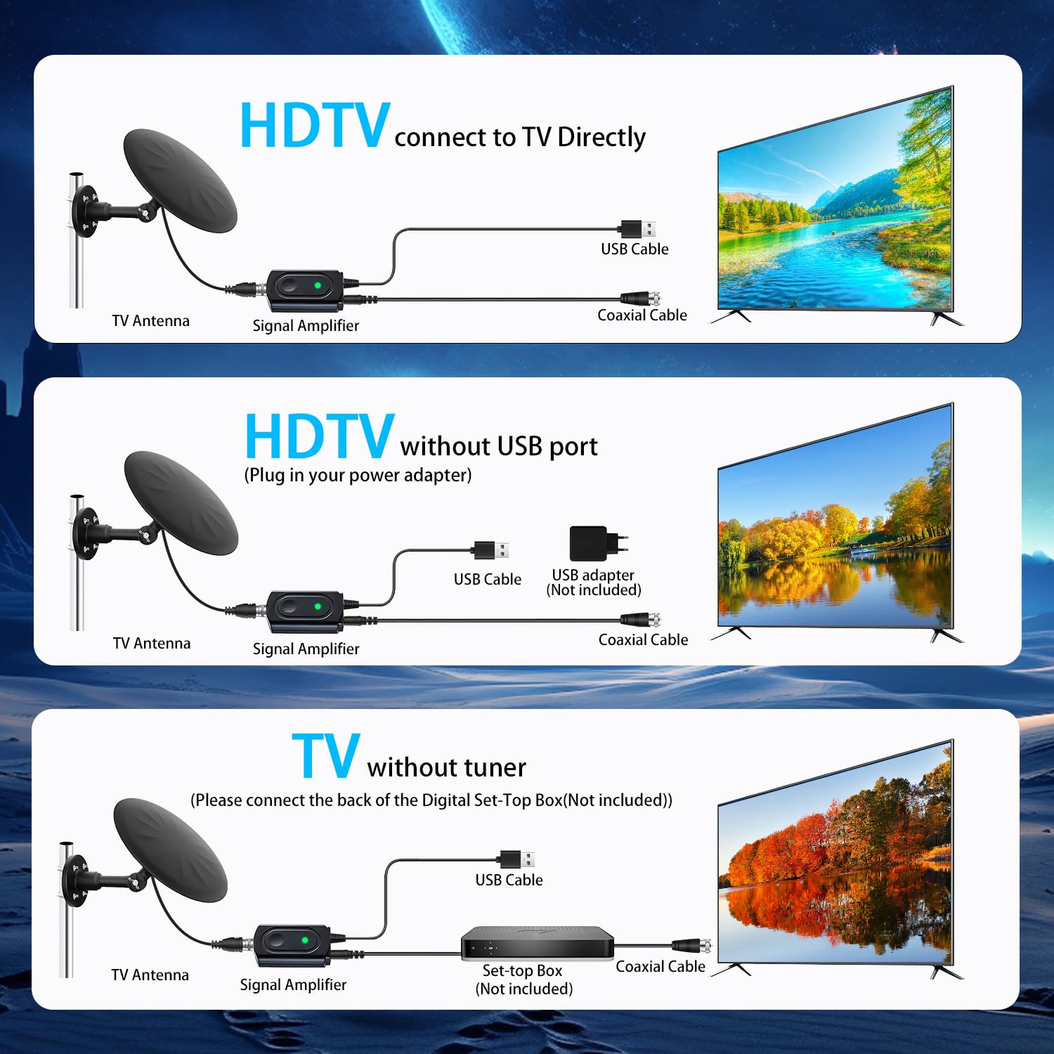 Antena de TV, antena de TV digital para interiores (negro)