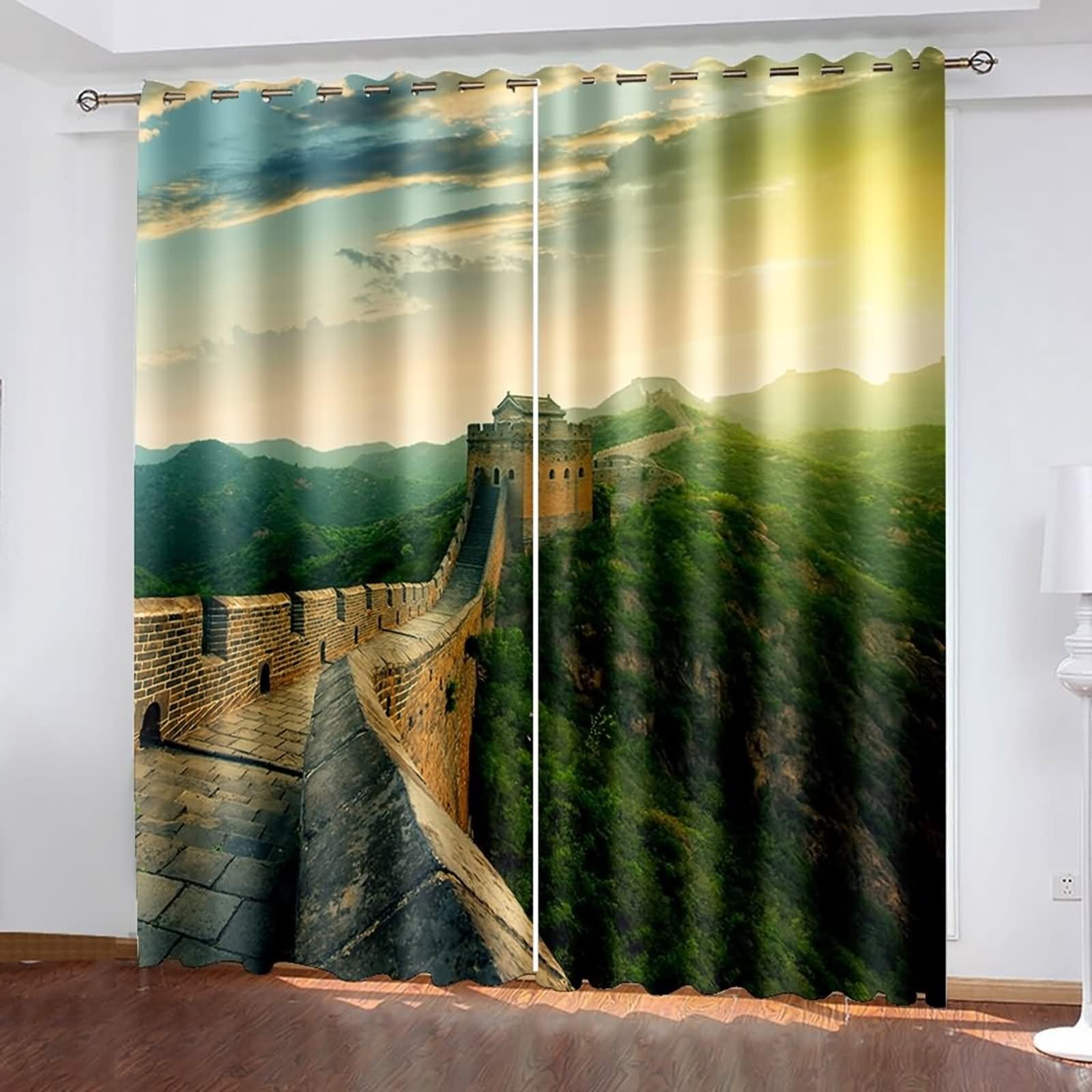Zasłona okienna Sypialnia, Brązowe Zielone Zasłony zaciemniające Duży Mur Krajobraz Poliester 2 panele 264x214cm