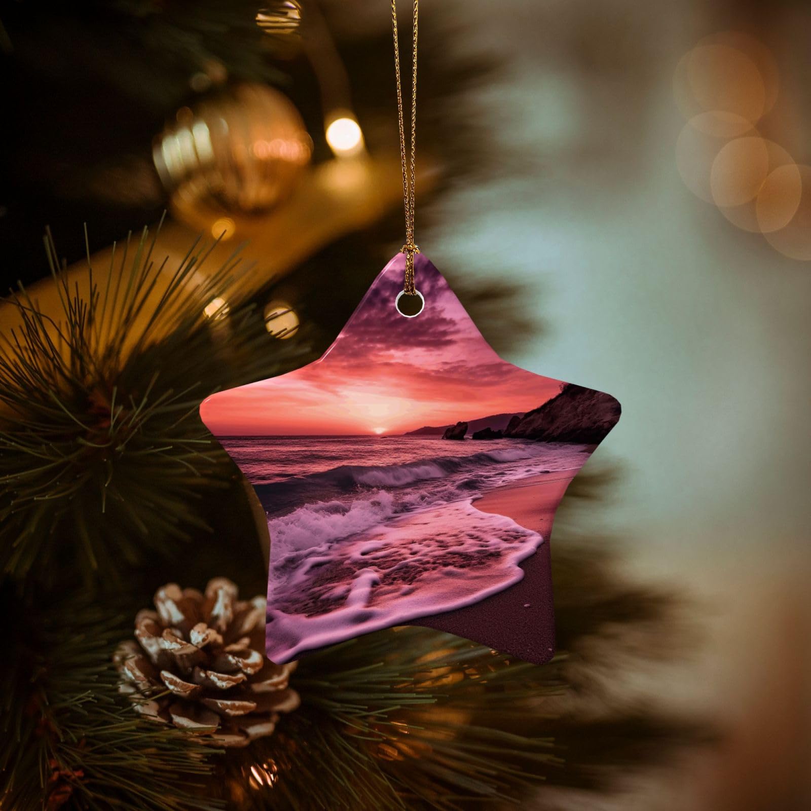 Christmas Tree Ornaments Ceramics Christmas Decorations Beach Sunset Ornaments with Gold Ribbon Porcelain Xmas Tree Crafts Star Shape Hanging Pendant for Christmas Tree Party Decor
