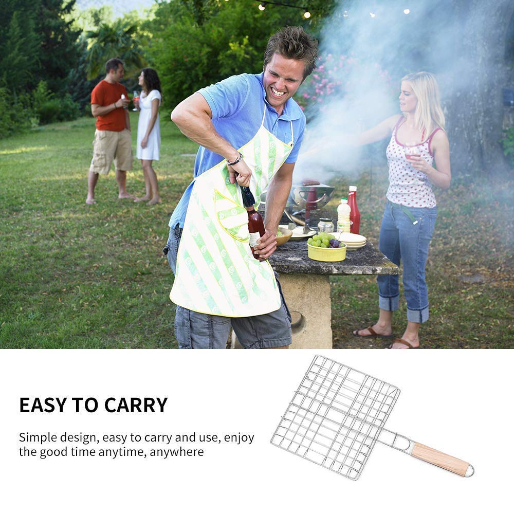 Cesta para asar a la parrilla de doble capa, plegable, portátil, de acero inoxidable, para parrilla de barbacoa, para pescado asado, verduras, filete de camarones con mango de madera desmontable