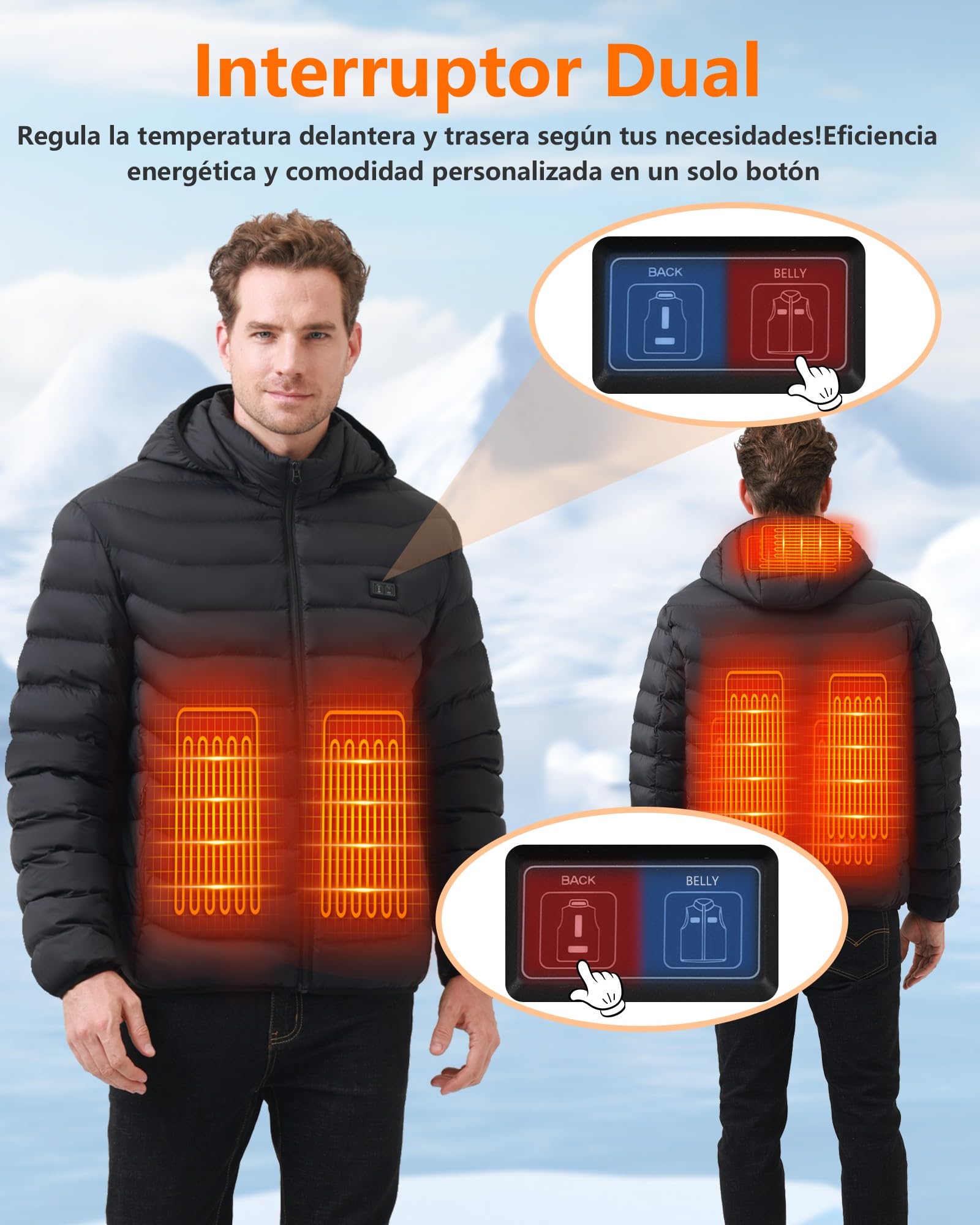 Chaqueta Calefactable Hombre con Batería 10000mAh, Chaquetas con Calefaccion con 5 Zonas, 3 Temperaturas, Control Doble, Ideal para Senderismo, Esquí y Acampar