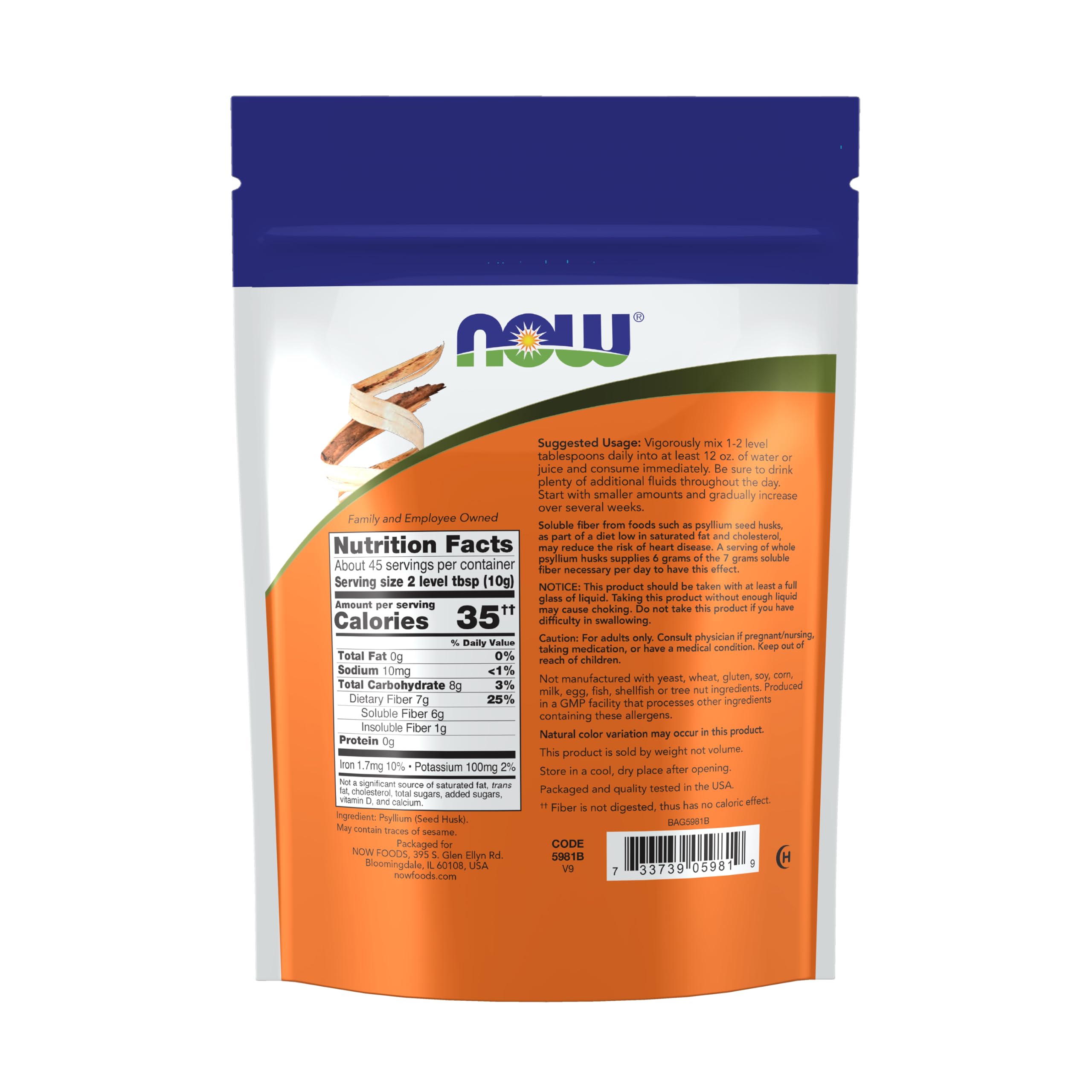 Whole psyllium cosses, 16 oz (454 g) - Now Foods