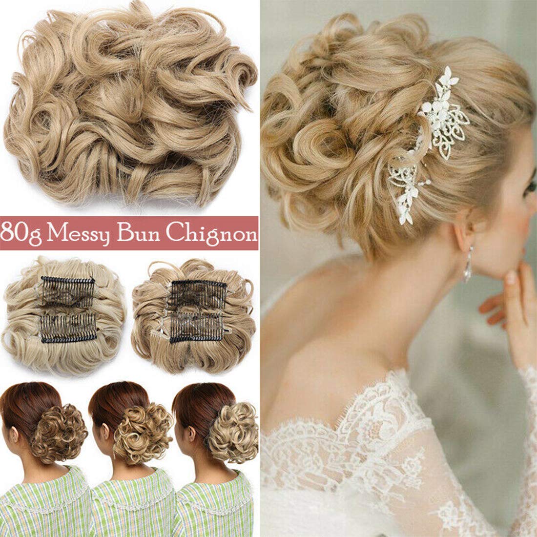 Scrunchy Updo Combs Ponytail Hair Extensions Clip in Bun Claw Jaw on Donut Chignons Warp Around Hairpiece Wavy Curly Bleach blonde