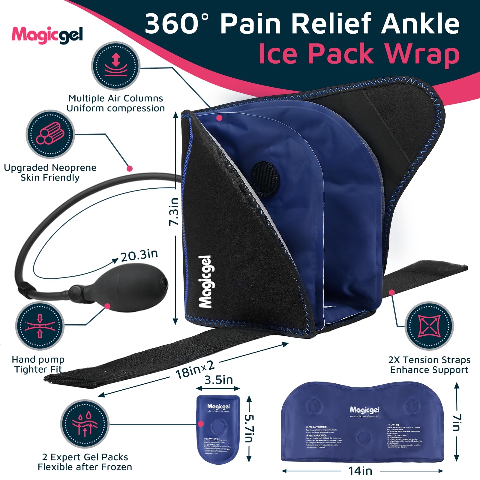Magic Gel Bolsa de Hielo para Tobillo con Compresión – Bolsa Frío Calor para Tobillo, Talón y Pie – Alivio para Esguince, Hinchazón y Tendinitis de Aquiles – Wrap con Bomba de Aire y 2 Packs