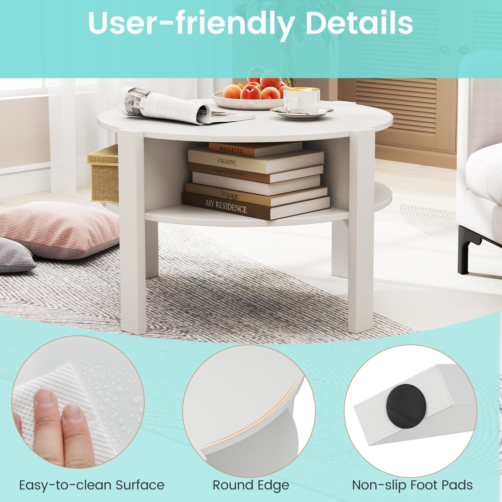 LIFEZEAL 2-stöckiger Couchtisch Rund, Wohnzimmertisch mit Stauraum, Moderner Sofatisch Beistelltisch für Wohnzimmer, Büro, Empfangsraum, 74,5 x 74,5 x 45,5 cm (Weiß)