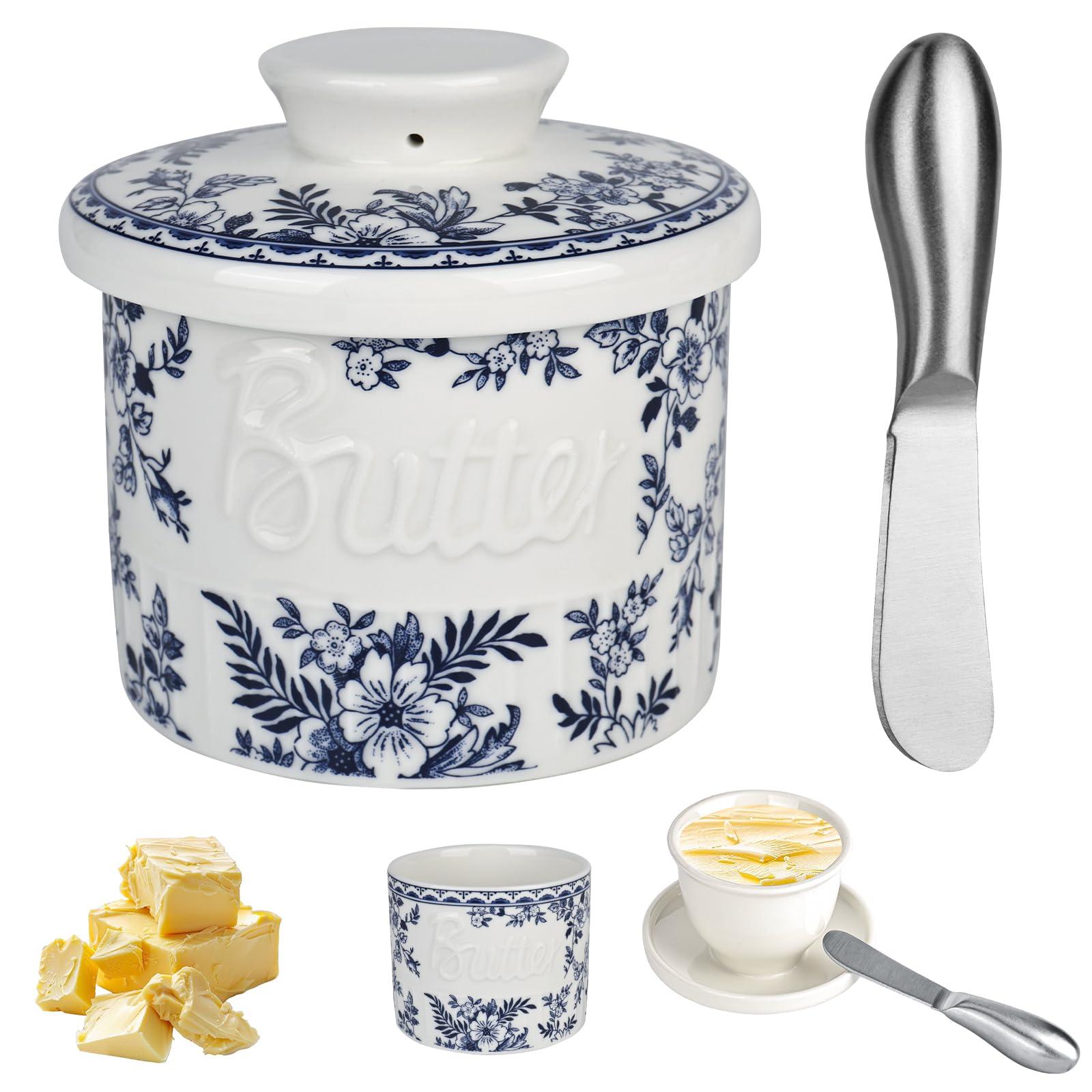 Porcelanowa miska na masło z nożem do masła, francuska miska na masło z pokrywką, chłodzona wodą miska na masło z linią wody do przechowywania świeżej, miękkiej, gotowej do spożycia maśliny
