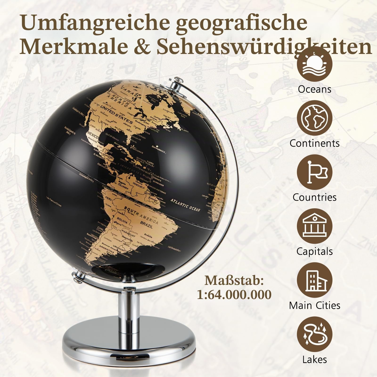 GIANTEX 20 cm Globus, Weltkugel mit stabilem Standfuß aus Metall, 360° drehbarer Schülerglobus, pädagogischer Globus für Kinder & Erwachsene, antiker Weltglobus Deko für Zuhause & Büro (Gold)