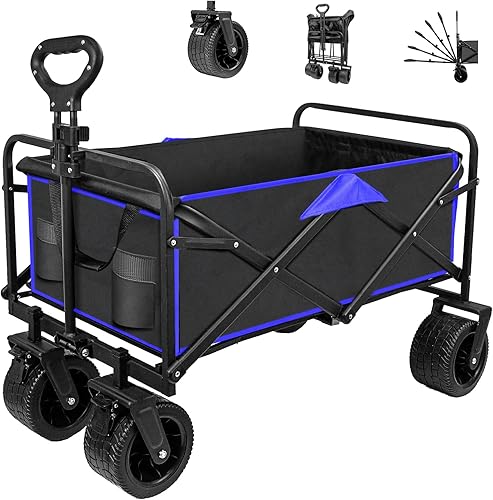 SZHLUX Carro plegable plegable, vagón de playa con ruedas grandes para arena, carrito de comestibles utilitario con bolsillo lateral y frenos para