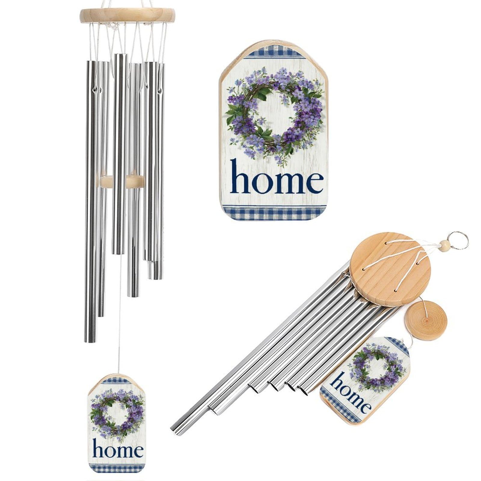 Circular Purple Flowers Wreath Wooden Panel Wind Chimes Memorial Deep Tone Windchime with 6 Aluminum Tubes Outdoor Backyard Garden Decoration