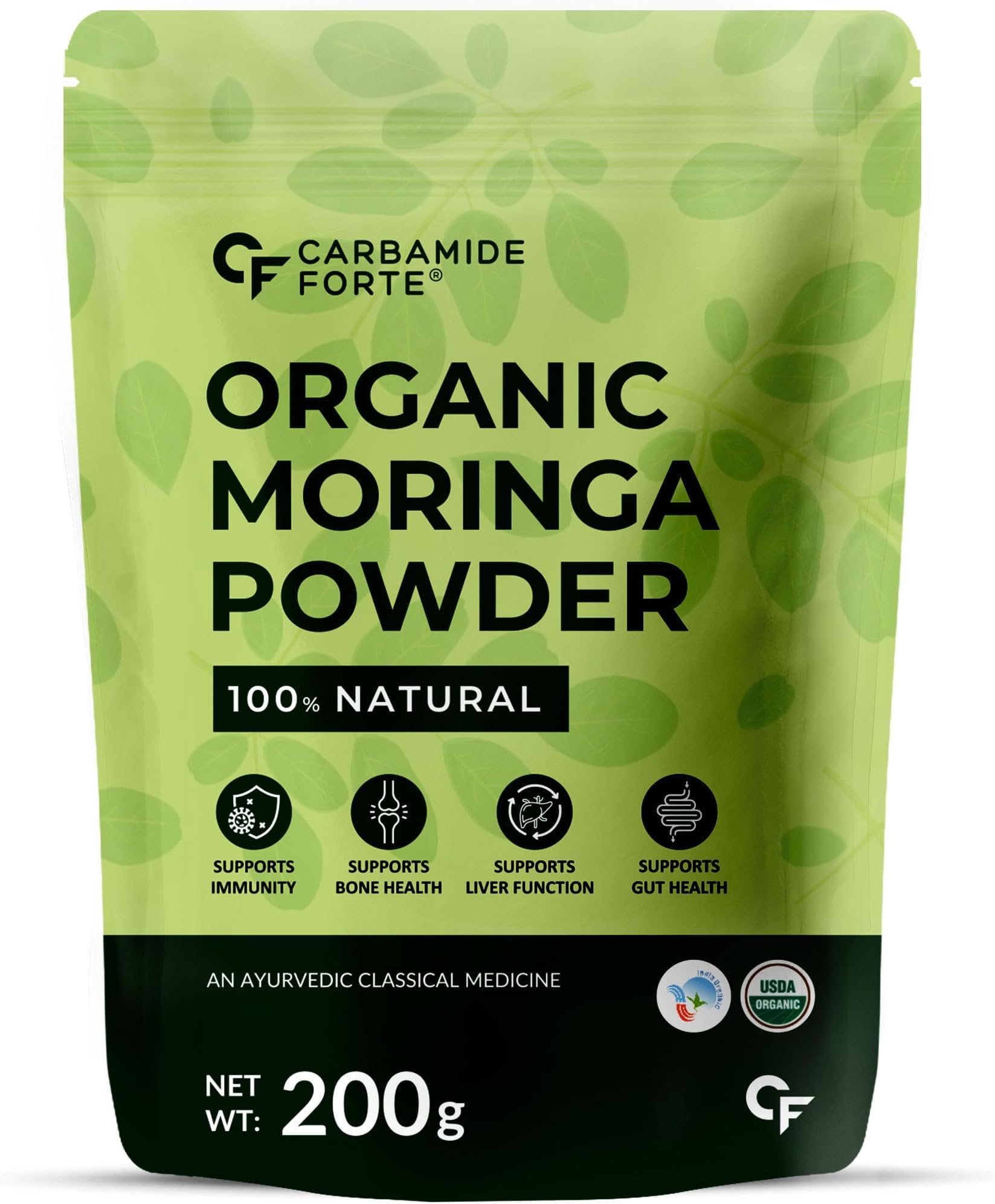Carbamide Forte 100% Organic Moringa Powder - Moringa Oleifera - USDA Certified | Moringa Leaves Powder | Moringa Powder Organic for Immunity, Digestion & Energy | Drumstick Leaves Powder - 200g