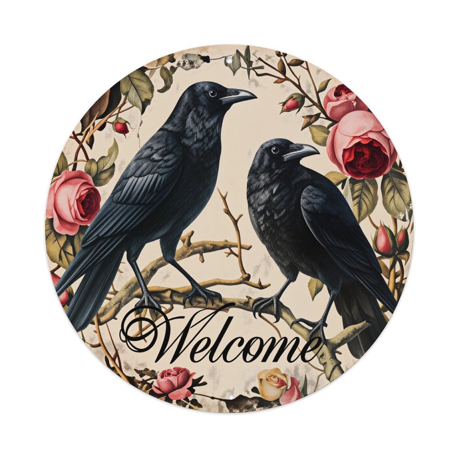 Crows Roses Branches Welcome Art Round Tin Sign Vintage Metal Poster Retro Bar, Home, Man Cave, Kitchen, Laundry Room Wall Art Decor Gift 8x8Inch