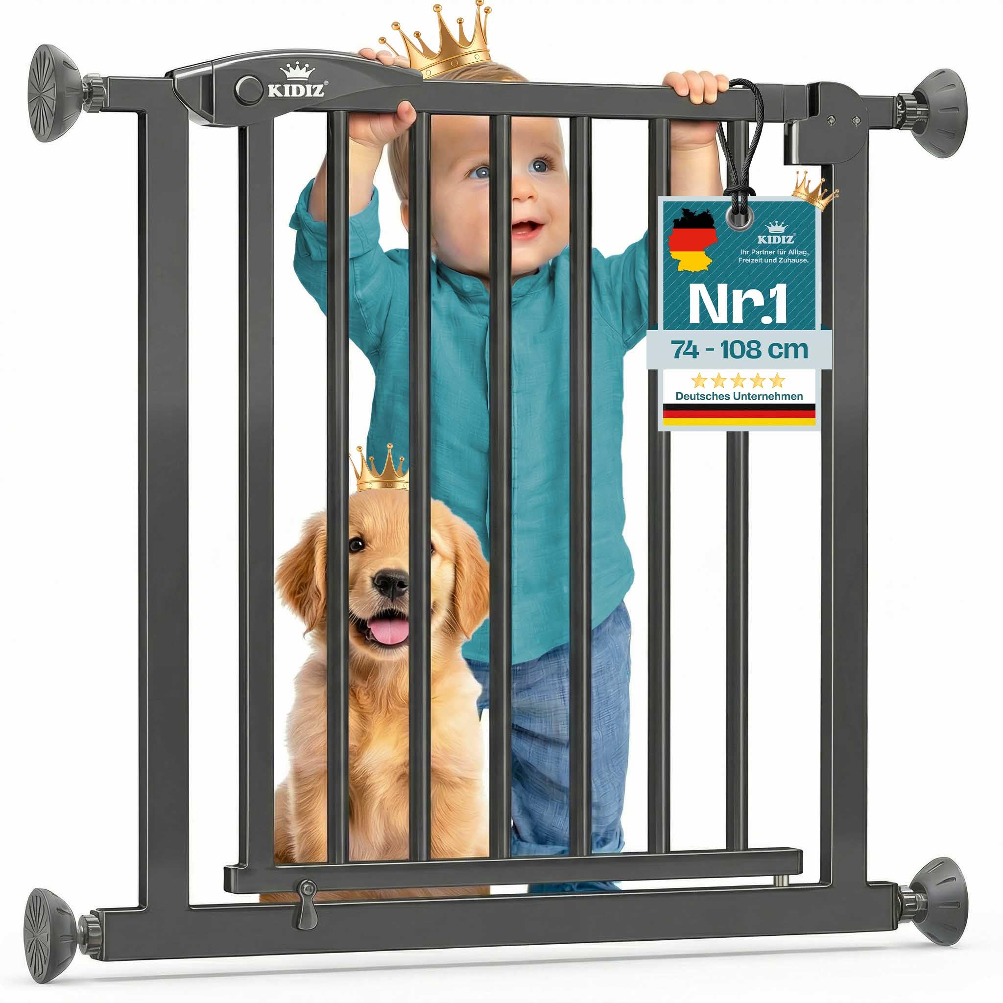 KIDIZ Treppenschutzgitter ohne Bohren | Verstellbare Breite: 81-87 cm, 75 cm hoch, Türschutzgitter und Absperrgitter für Kinder und Hunde, Beidseitige Einhand Öffnung, 90° Open-Stop System, Anthrazit