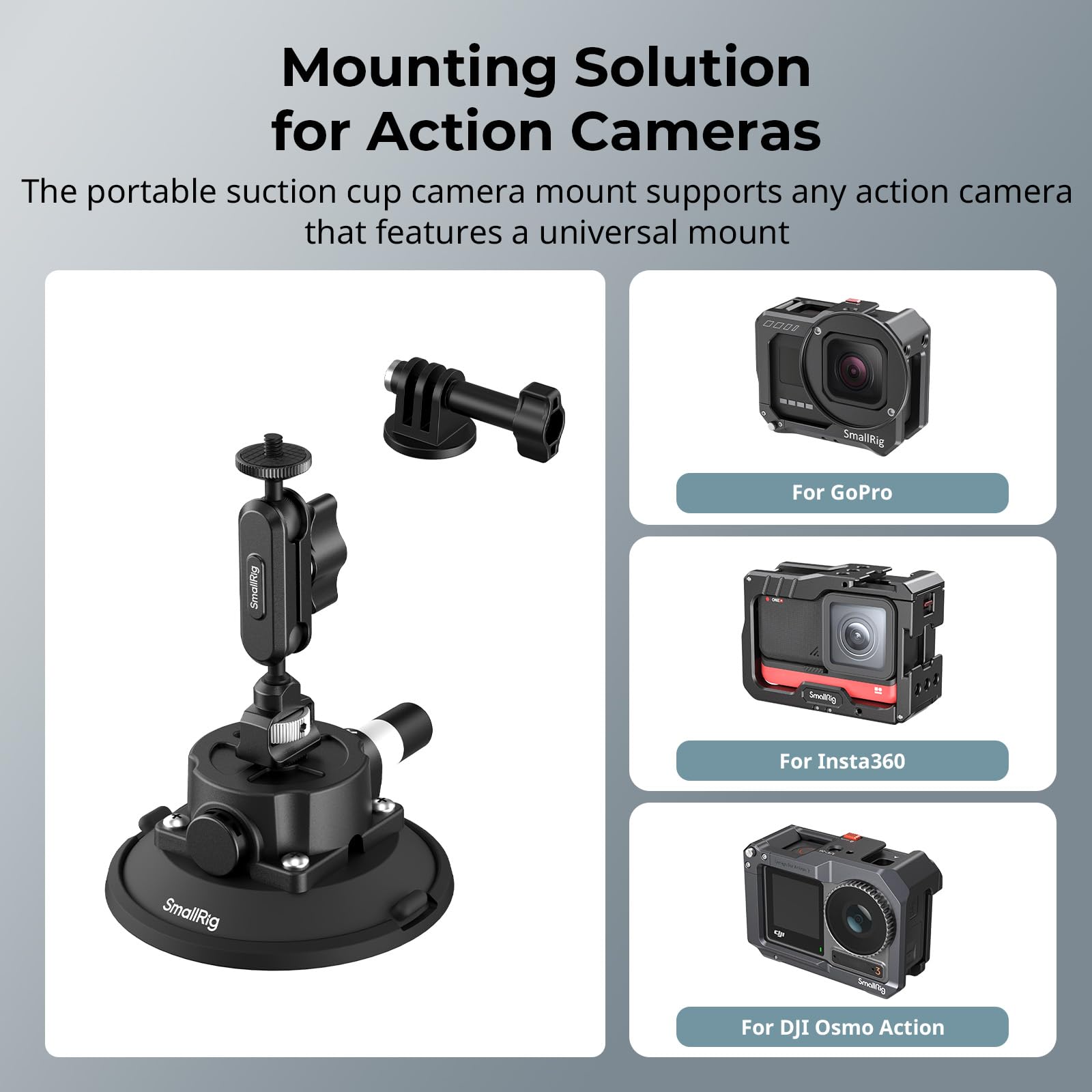 SMALLRIG 4,5" Suction Cup Mount mit Kugelkopf-Zauberarm, Halterung für Action-Kameras für DJI Osmo Action 6/5/4, für Insta360 x5, für Gopro 13, Tragfähigkeit 1.5 kg, an Autoscheibe oder Fenster - 5855