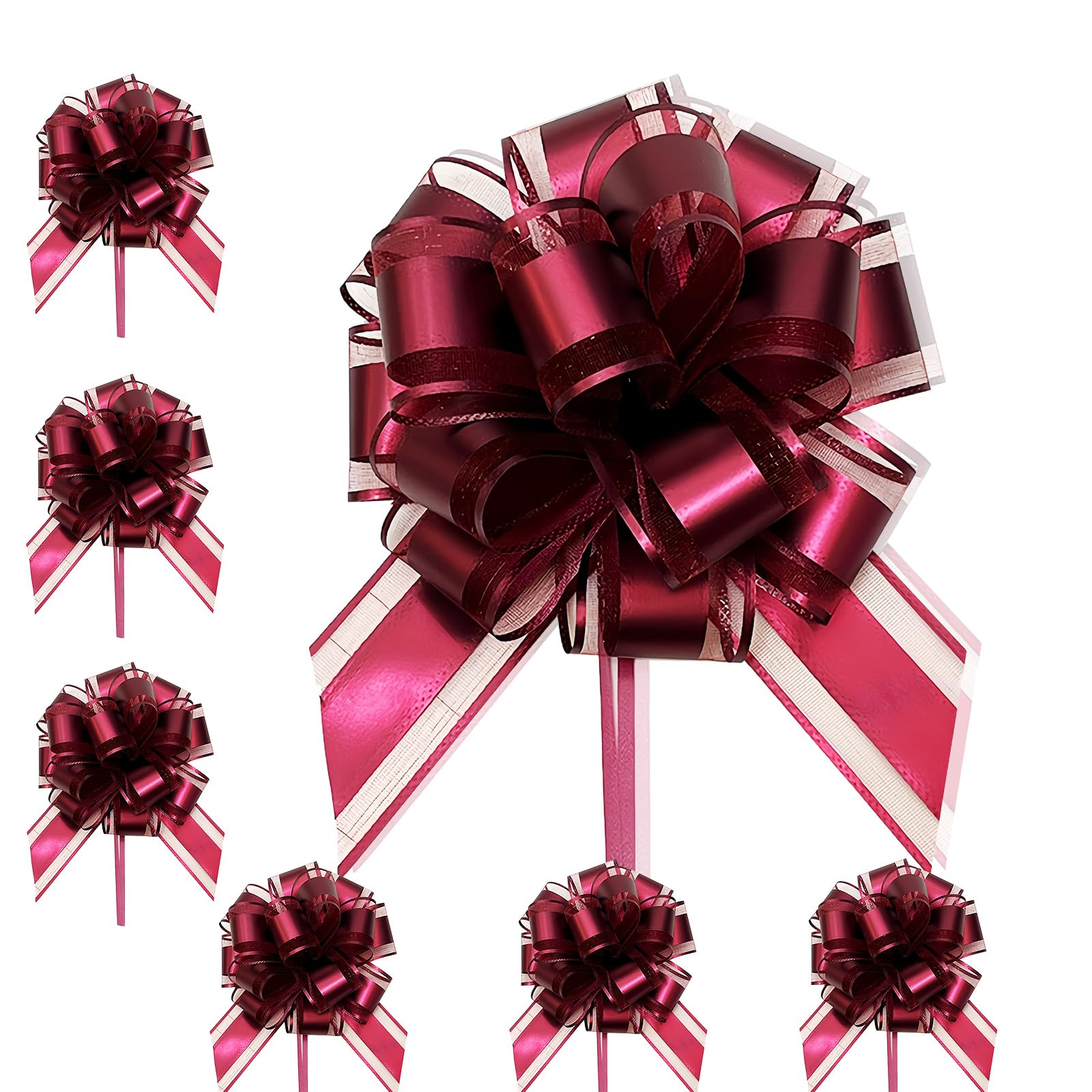 6P 7in/5cm Large Pull Bows Gift Wrap Bows for Gift Wrapping,Burgundy Pull Bow Ribbon for Present Wedding Car Gifts Basket,Christmas Pretied Gifts Red Wrapping Bow for Flower Wedding Birthday Decor