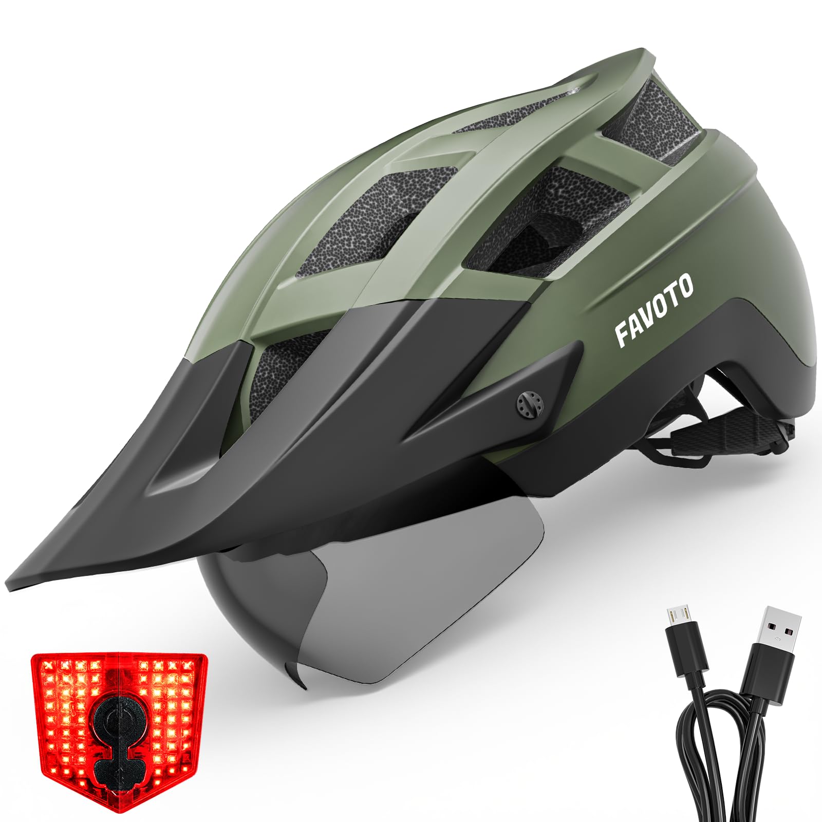 Favoto Casco de Bicicleta para Adultos para Ciclismo de Carretera y montaña, con luz Trasera LED Recargable USB, Gafas magnéticas y Visera Solar extraíble, Casco para Hombres y Mujeres