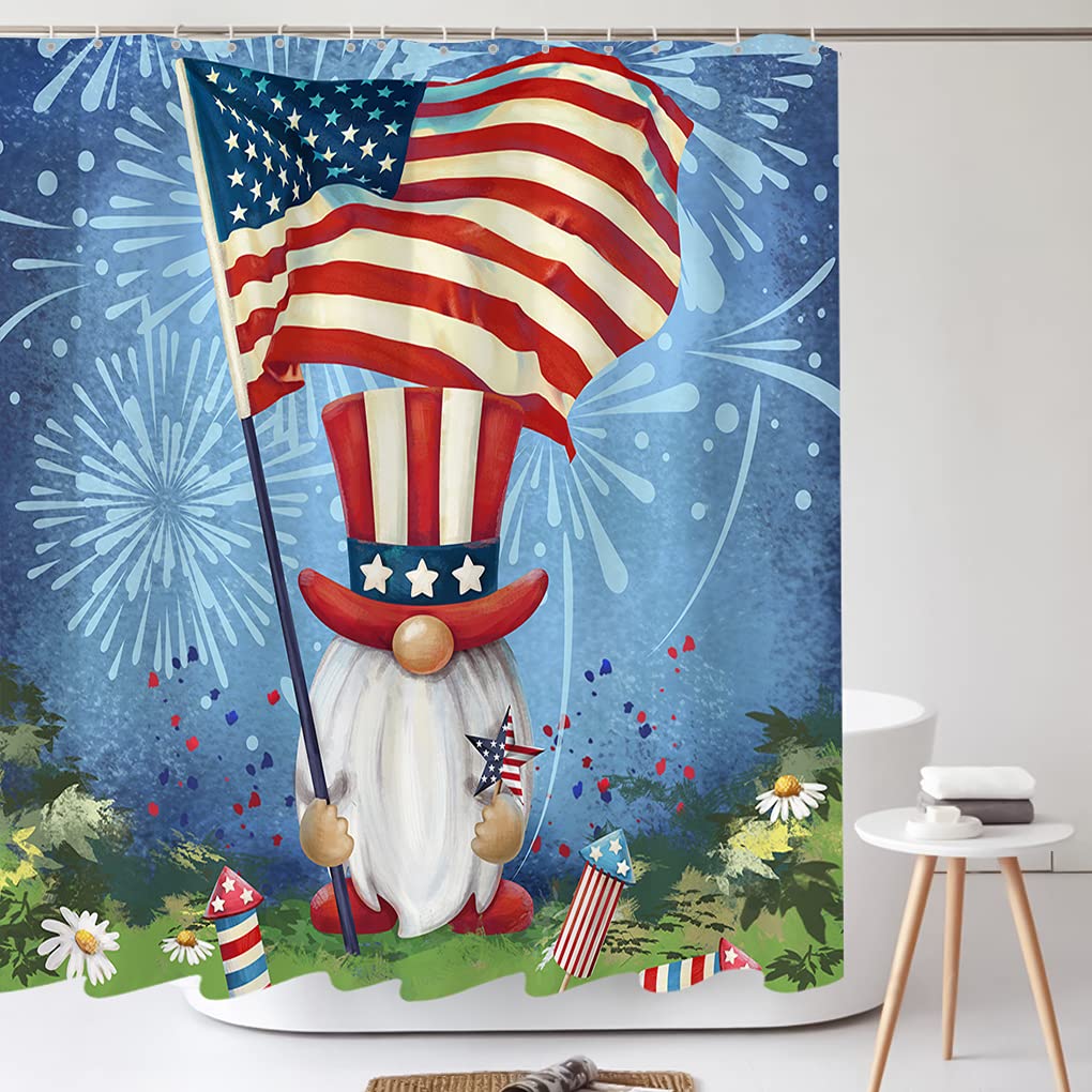 Patriotic Gnomes Shower Curtain Set - 4th Of July American Flag Design With 12 Hooks - View #7