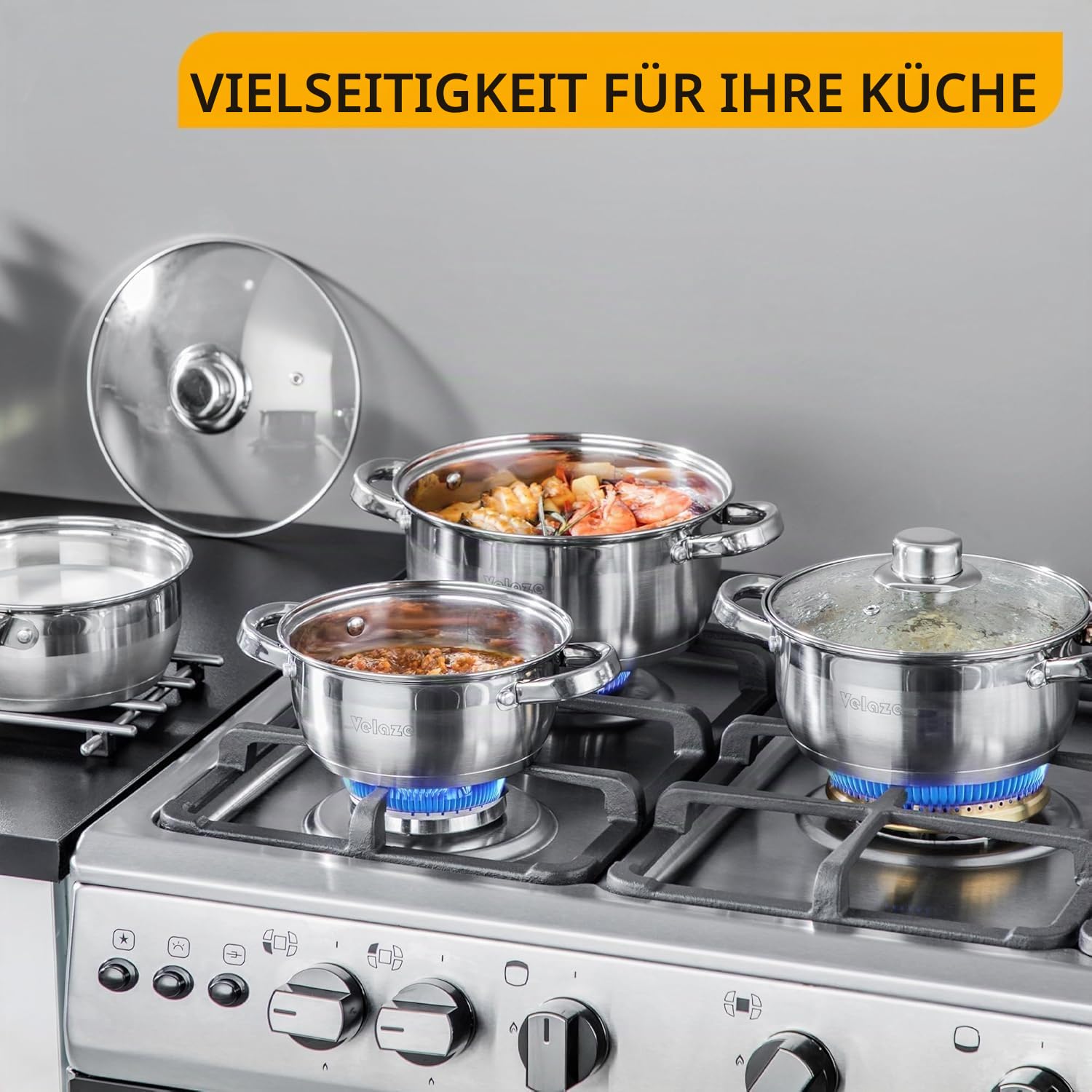 Velaze Töpfe Set, 7-teilig Kochtopf Set aus Edelstahl, Topf Induktion mit Glasdeckeln, PFOA frei, Klassisches Design, Topfset für alle Herdarten, Töpfe mit 3 Kochtöpfe und 1 Stielkasserolle