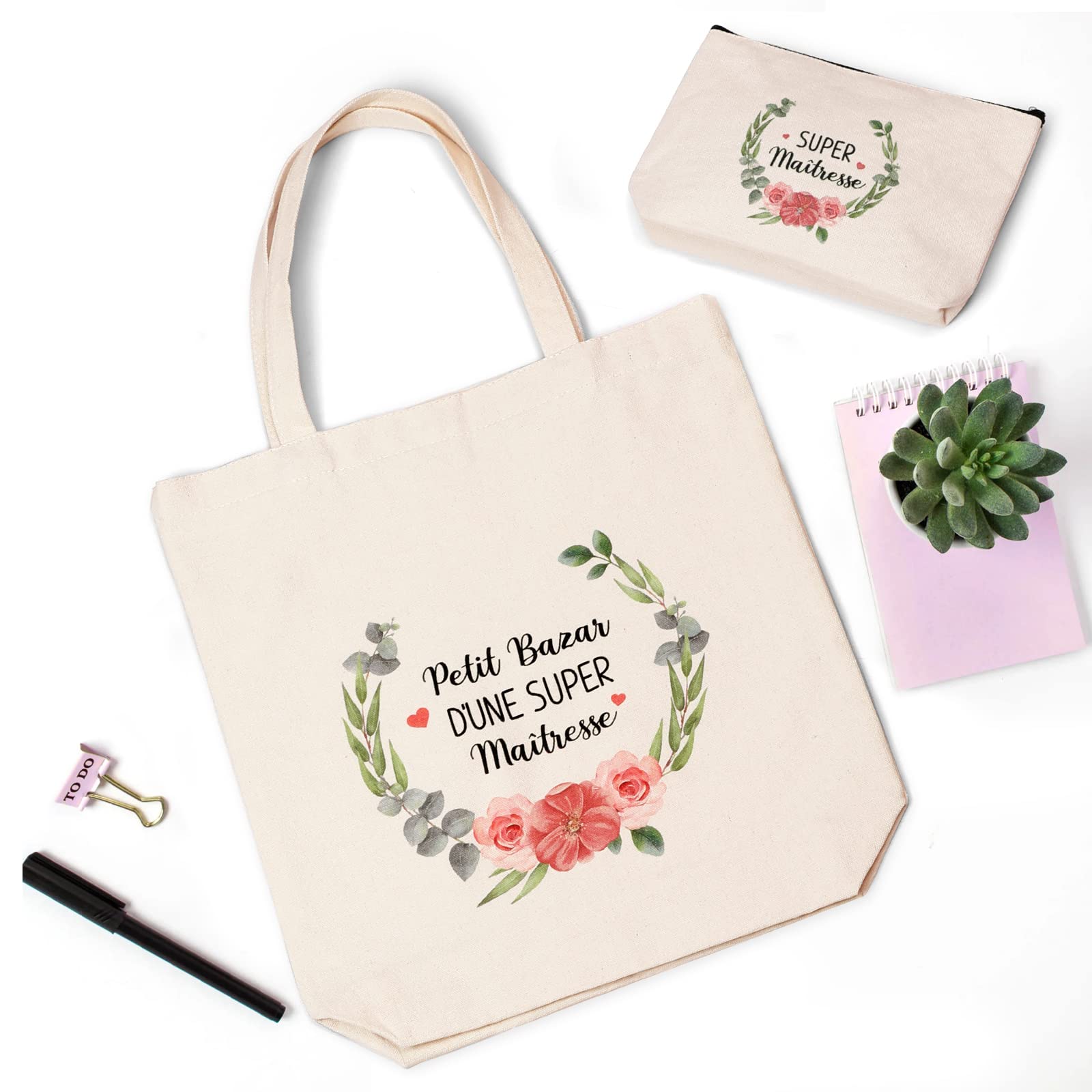 Lot de 2 Tote Bags Coton Femme avec Petite Pochette Sac Tissu