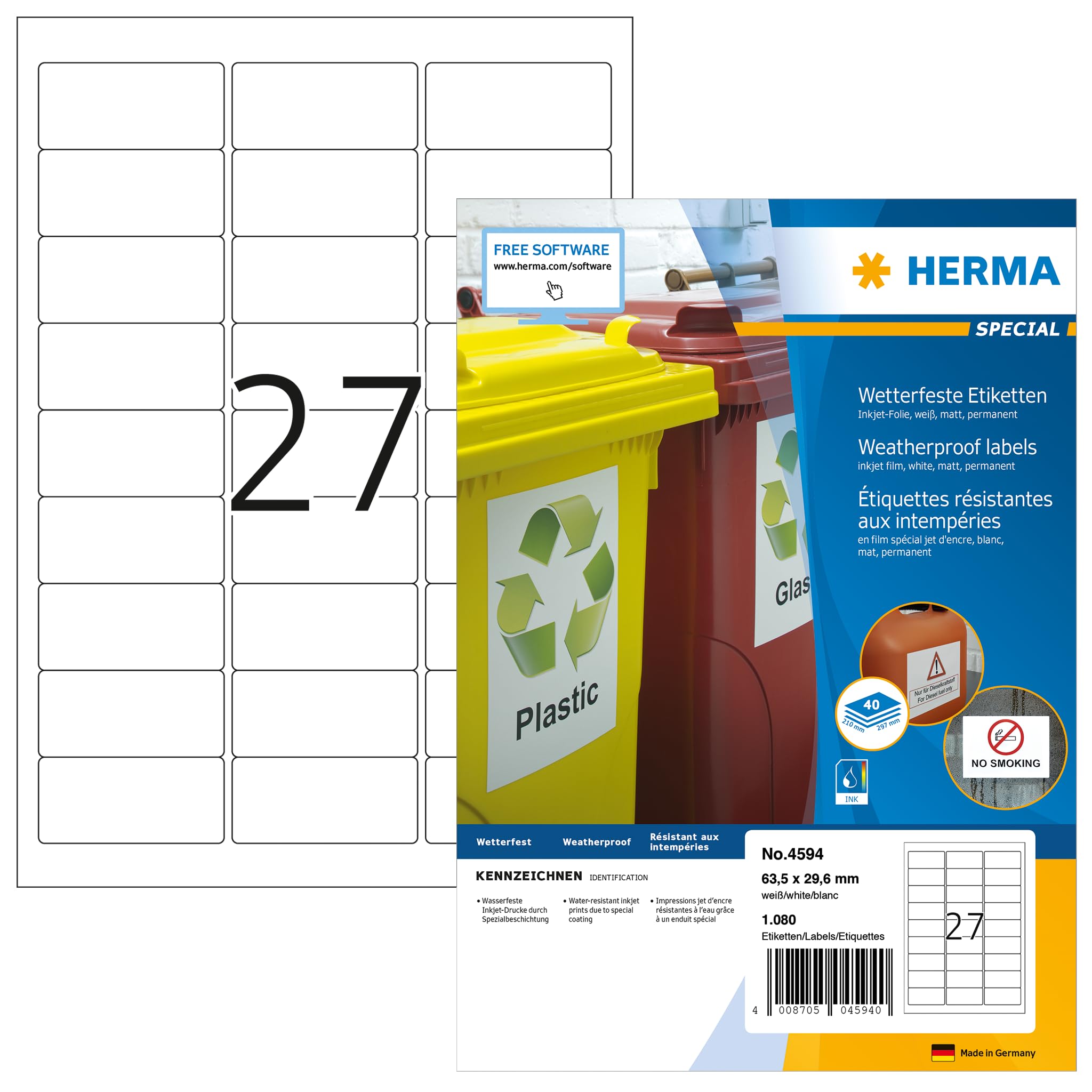 HERMA 4594 Wetterfeste Folienetiketten für Inkjet Drucker, 40 Blatt, 63,5 x 29,6 mm, 27 pro A4 Bogen, 1080 Stück, selbstklebend, bedruckbar, Klebeetiketten Aufkleber für Tintenstrahldrucker, weiß
