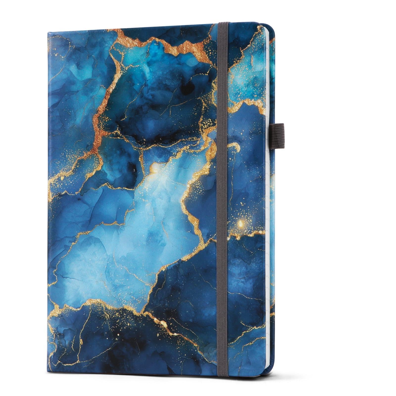Diario a righe, formato A5 (6 x 8), copertina rigida in pelle PU con carta giapponese, 160 pagine, design blu marmo, regalo per donne e uomini, lavoro e prendere appunti